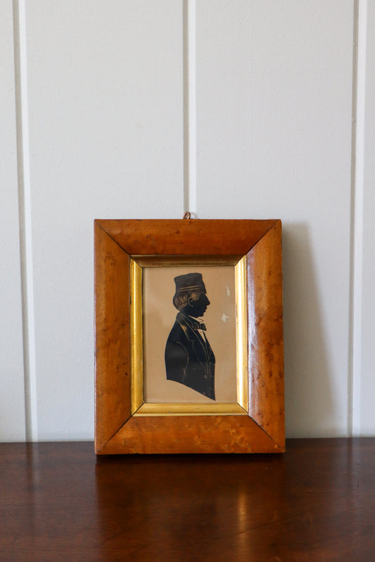 19th-Century Silhouette Portrait of a Man Wearing a Hat, in a Maple Frame
