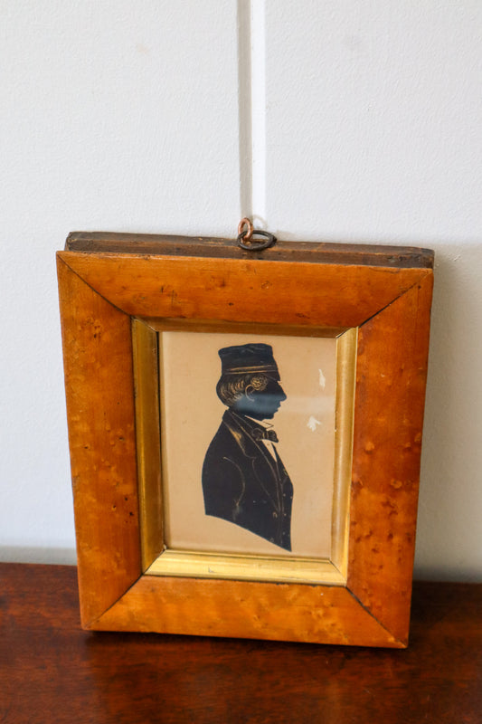 19th-Century Silhouette Portrait of a Man Wearing a Hat, in a Maple Frame