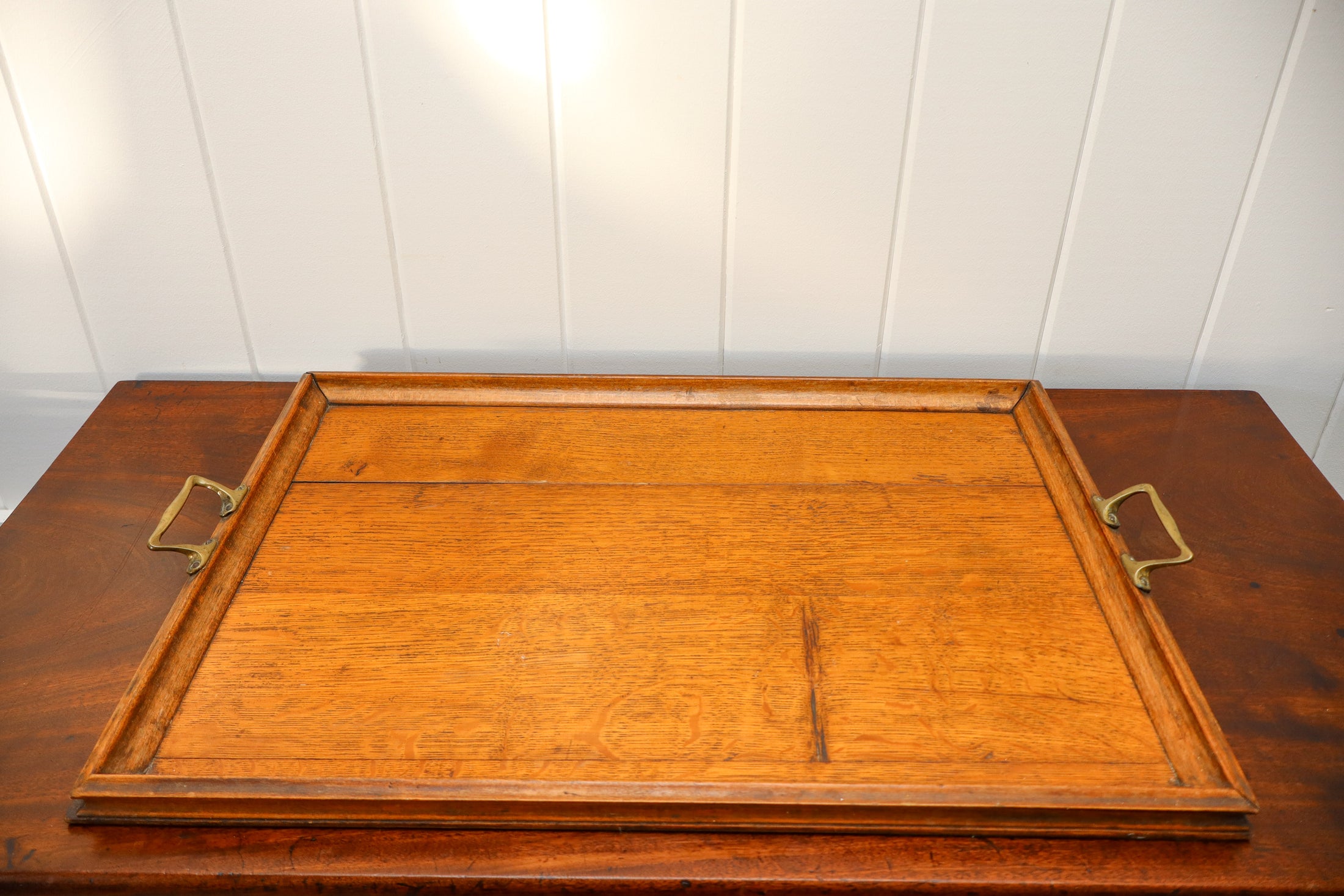 Large English Oak Tray with Brass Handles