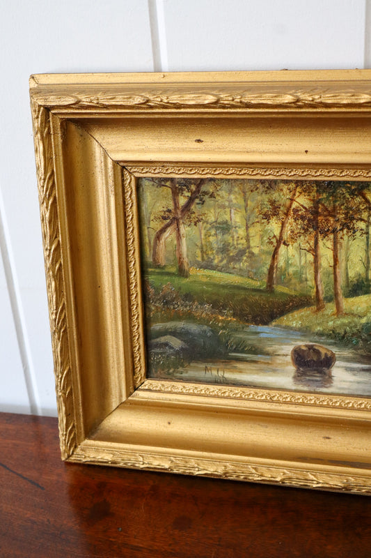Signed Original Oil On Canvas by M. Quilter (British), Dated 1914 “Woodland Stream in Summer”
