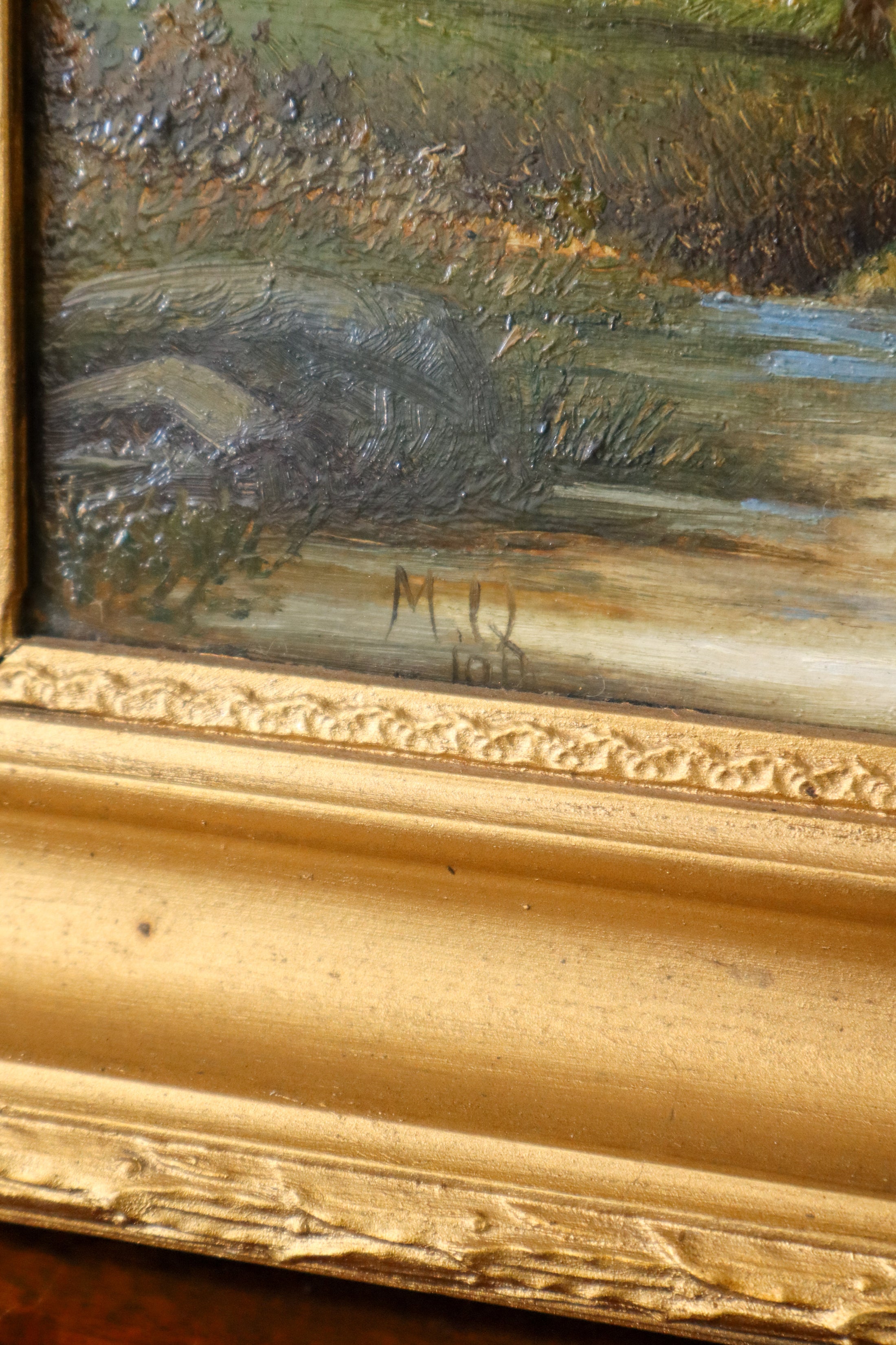 Signed Original Oil On Canvas by M. Quilter (British), Dated 1914 “Woodland Stream in Summer”