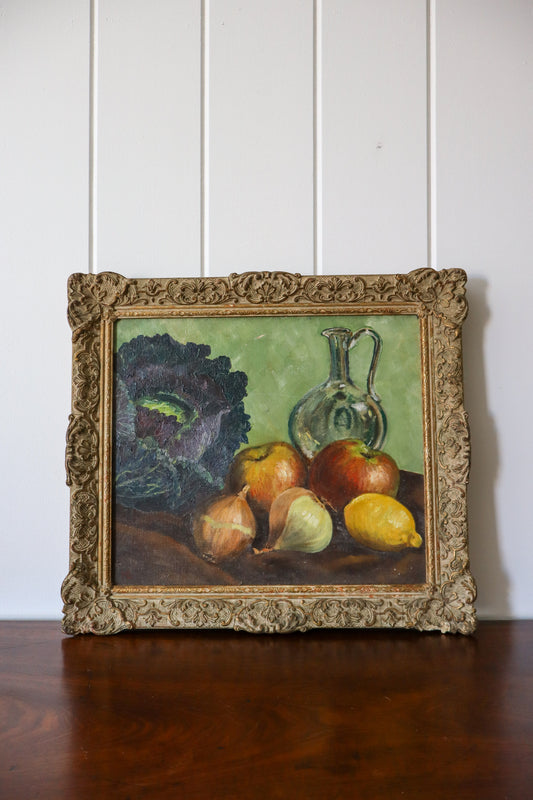 Vintage Oil on Canvas Still Life in Carved Frame