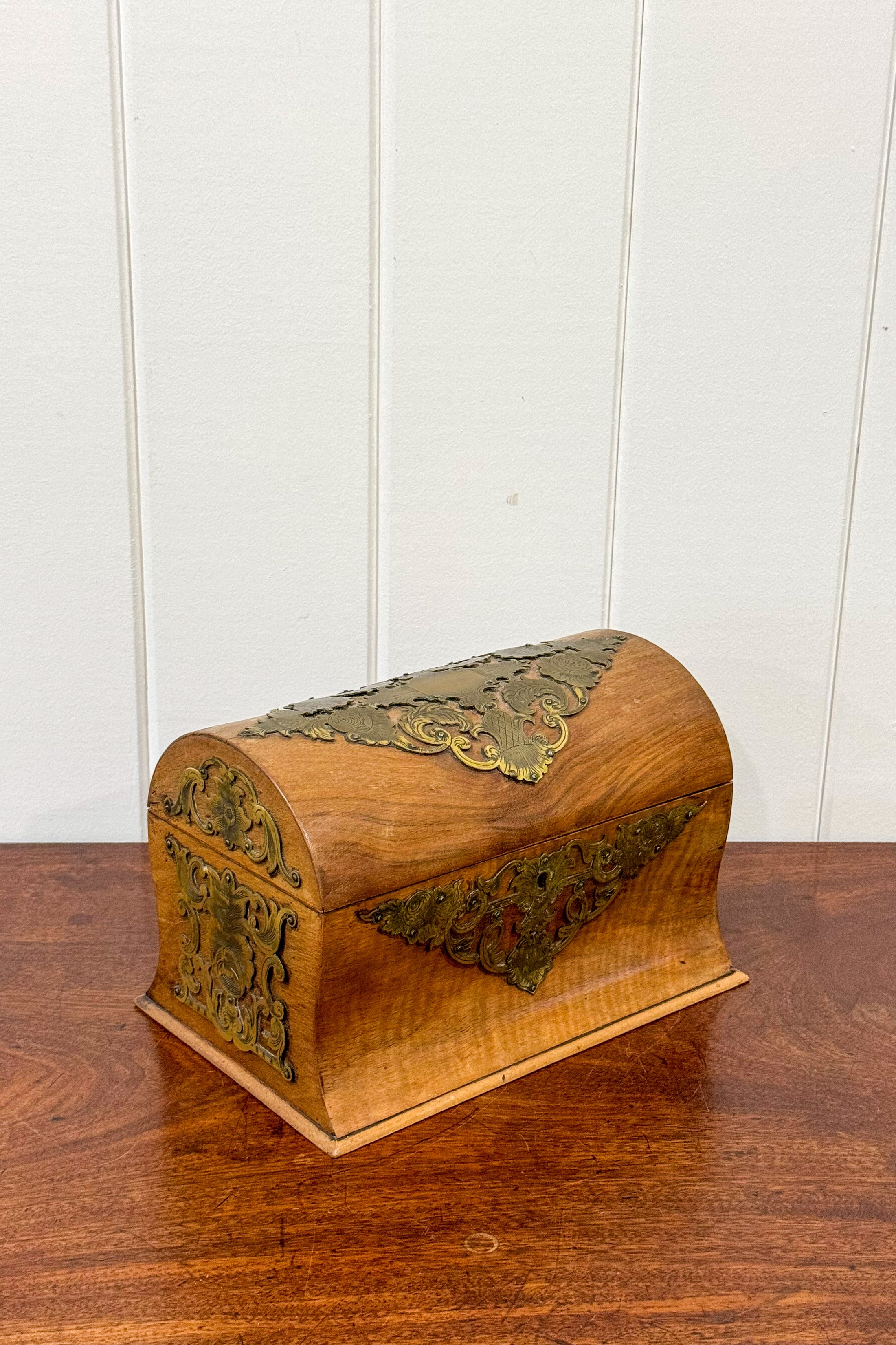 Victorian Stationery Box with Dome Lid, Brass Inlay + Inkwell