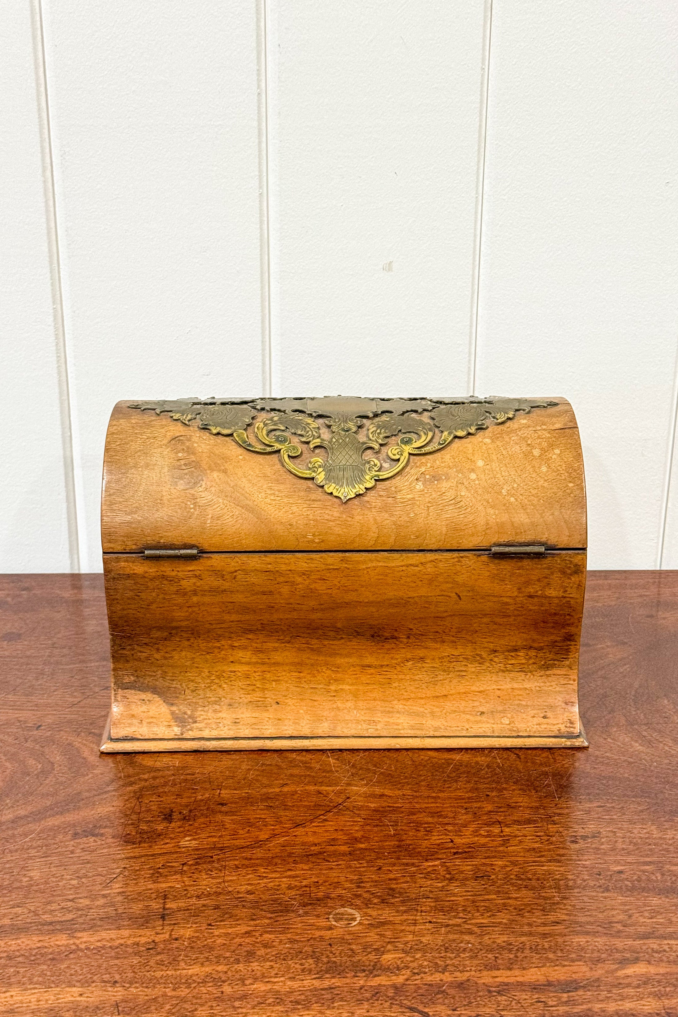 Victorian Stationery Box with Dome Lid, Brass Inlay + Inkwell