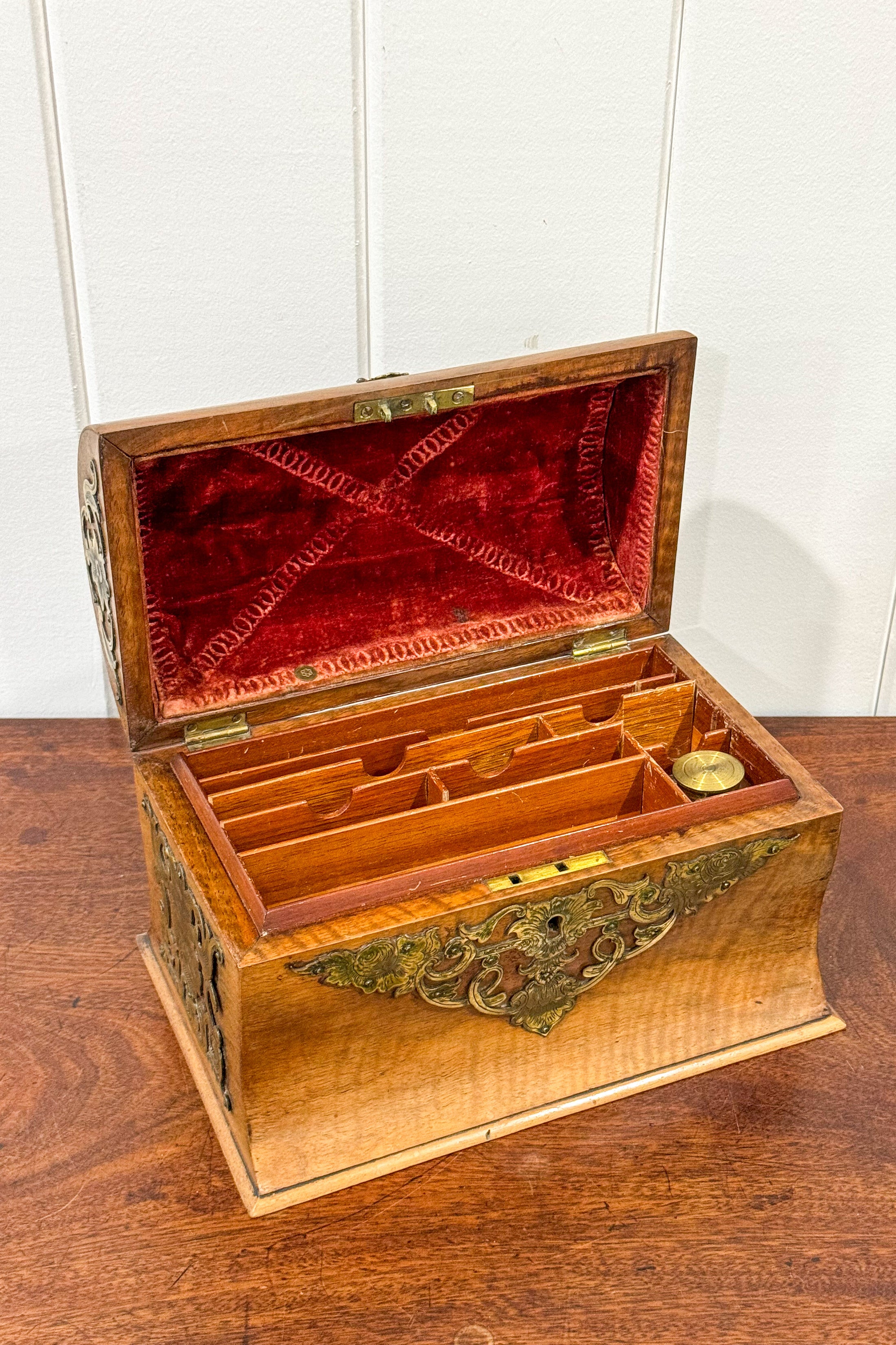 Victorian Stationery Box with Dome Lid, Brass Inlay + Inkwell