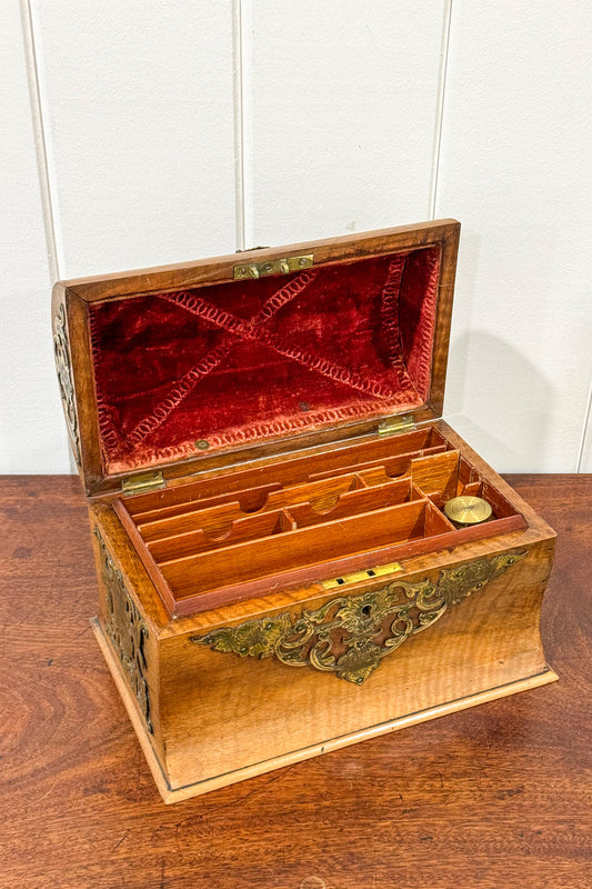 Victorian Stationery Box with Dome Lid, Brass Inlay + Inkwell