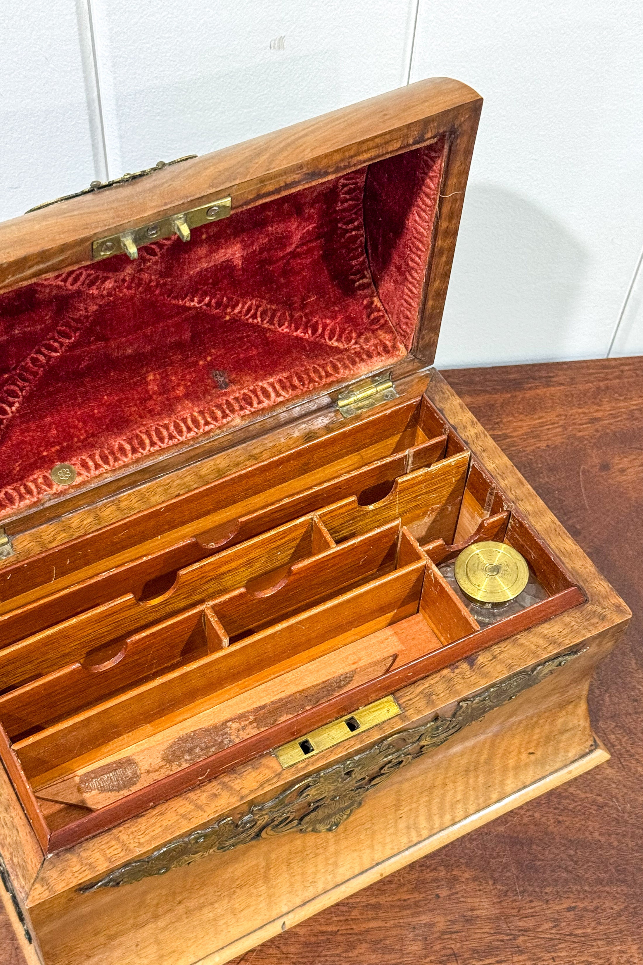 Victorian Stationery Box with Dome Lid, Brass Inlay + Inkwell