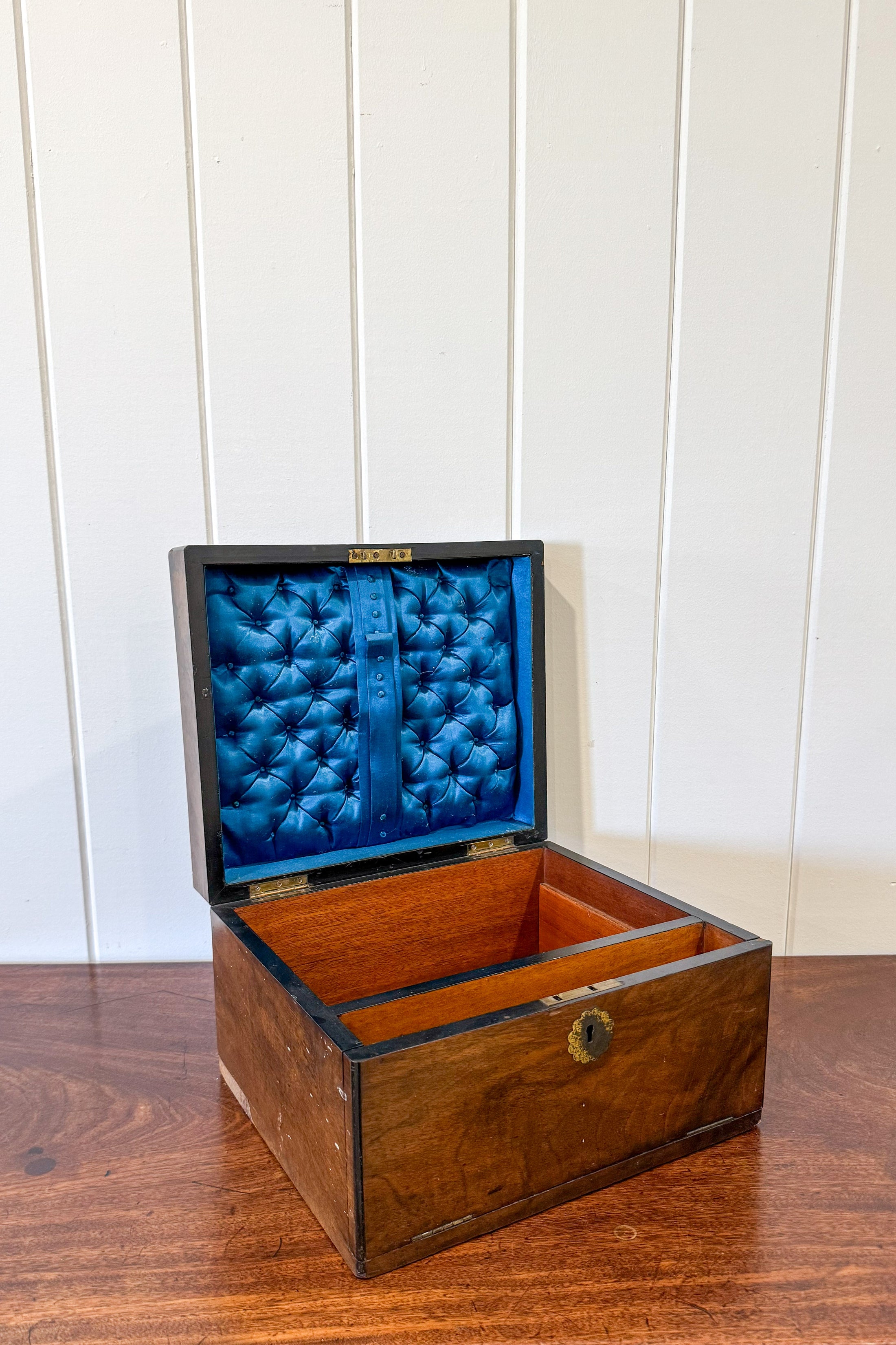 Burl Wood Box with Scallop Brass Details + Blue Velvet Interior