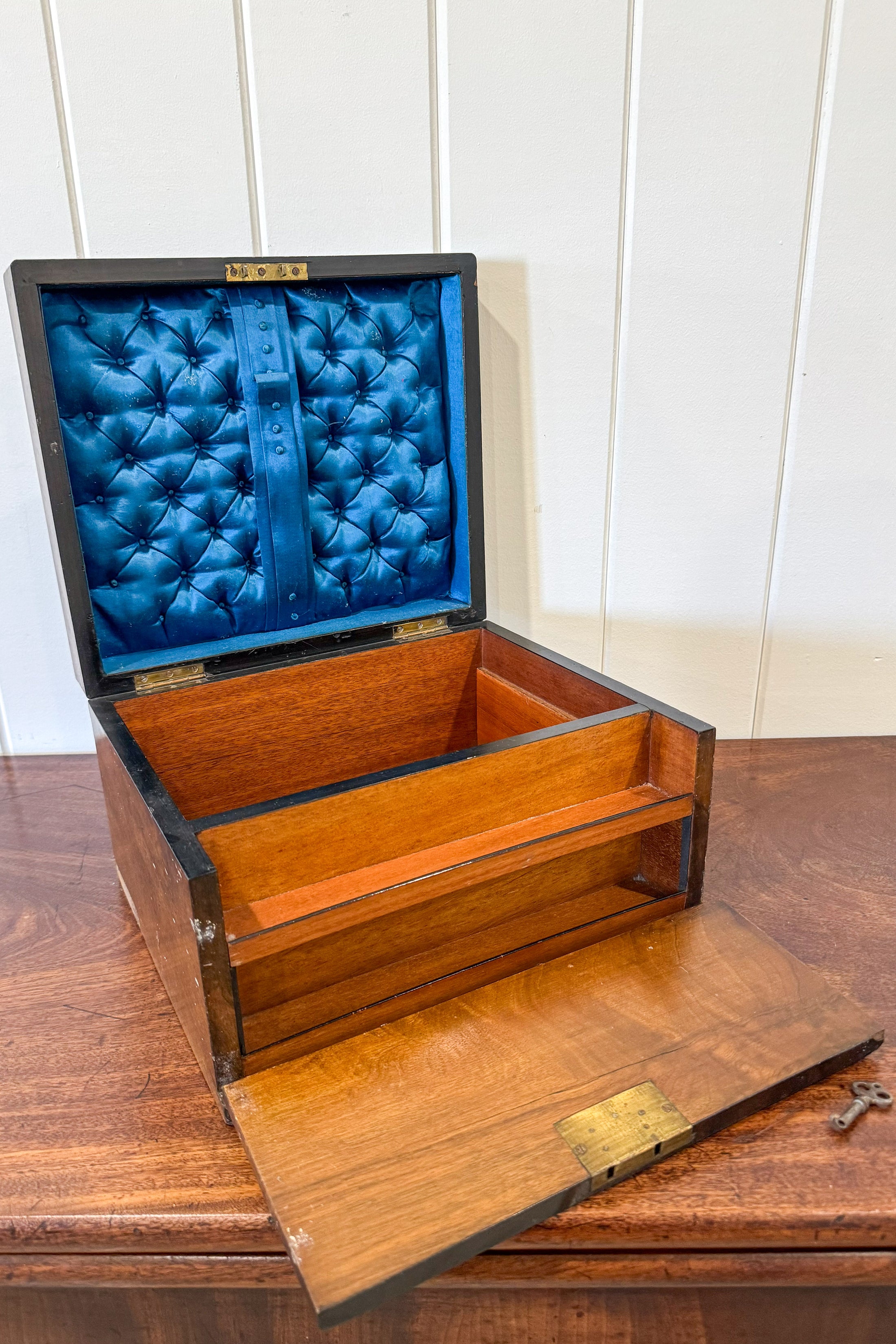 Burl Wood Box with Scallop Brass Details + Blue Velvet Interior