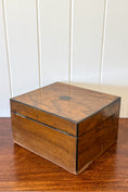 Load image into Gallery viewer, Burl Wood Box with Scallop Brass Details + Blue Velvet Interior
