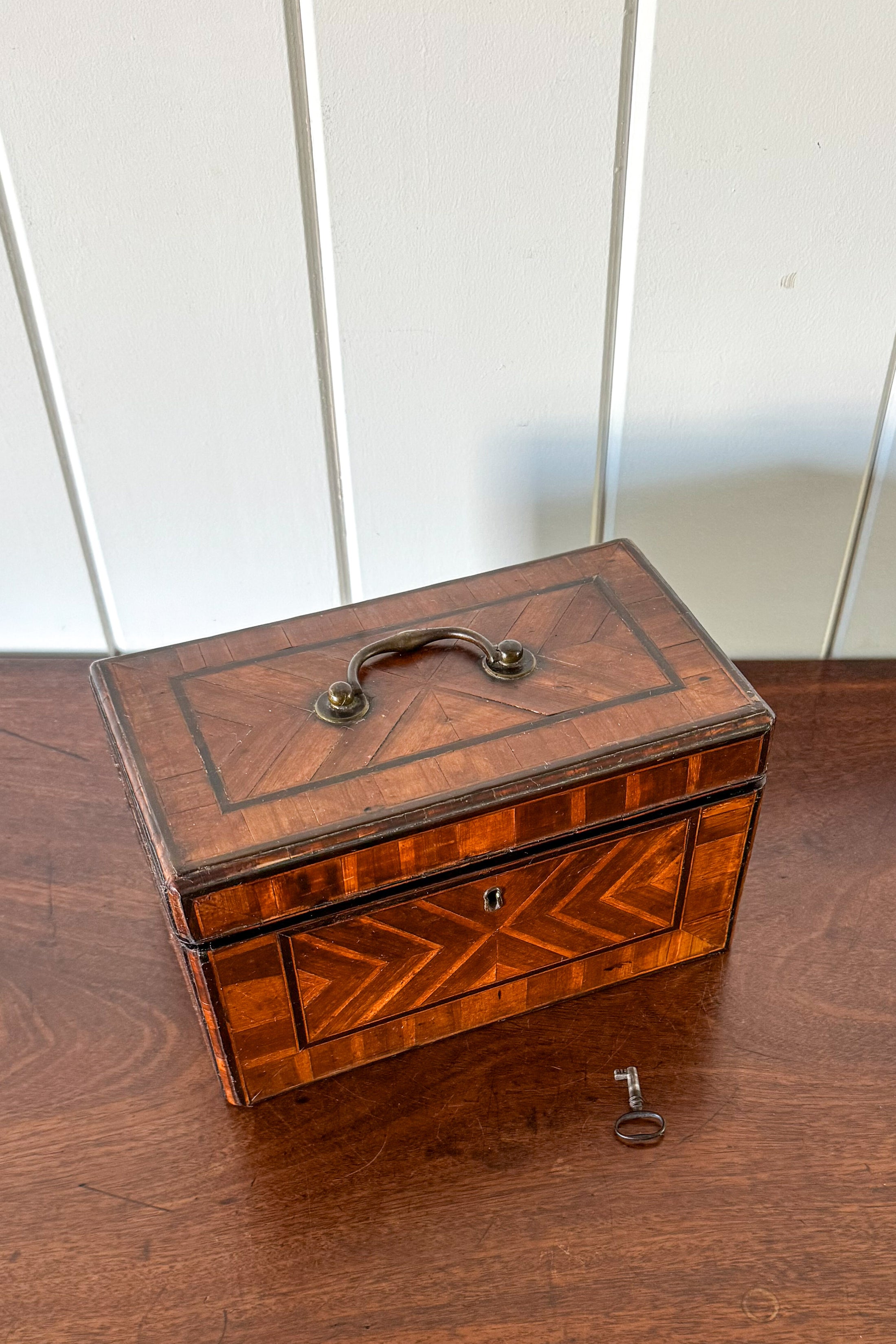 18th Century Inlaid Tea Caddy with Handle (c. 1760) | Complete with Original Fittings + Working Key