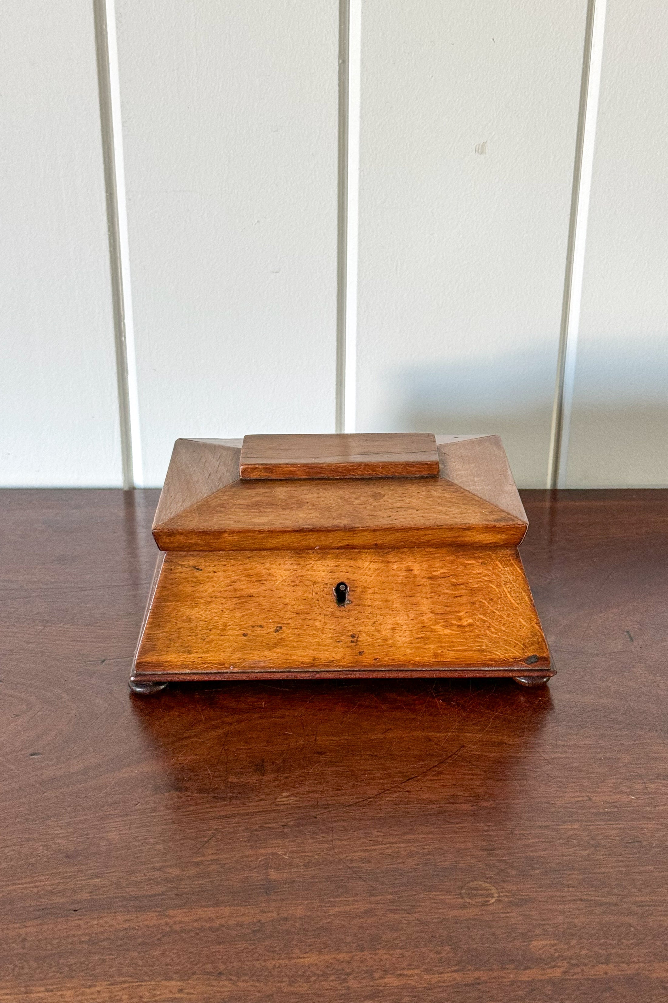 Antique English Oak Tea Caddy with Sarcophagus Top