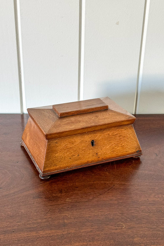 Antique English Oak Tea Caddy with Sarcophagus Top