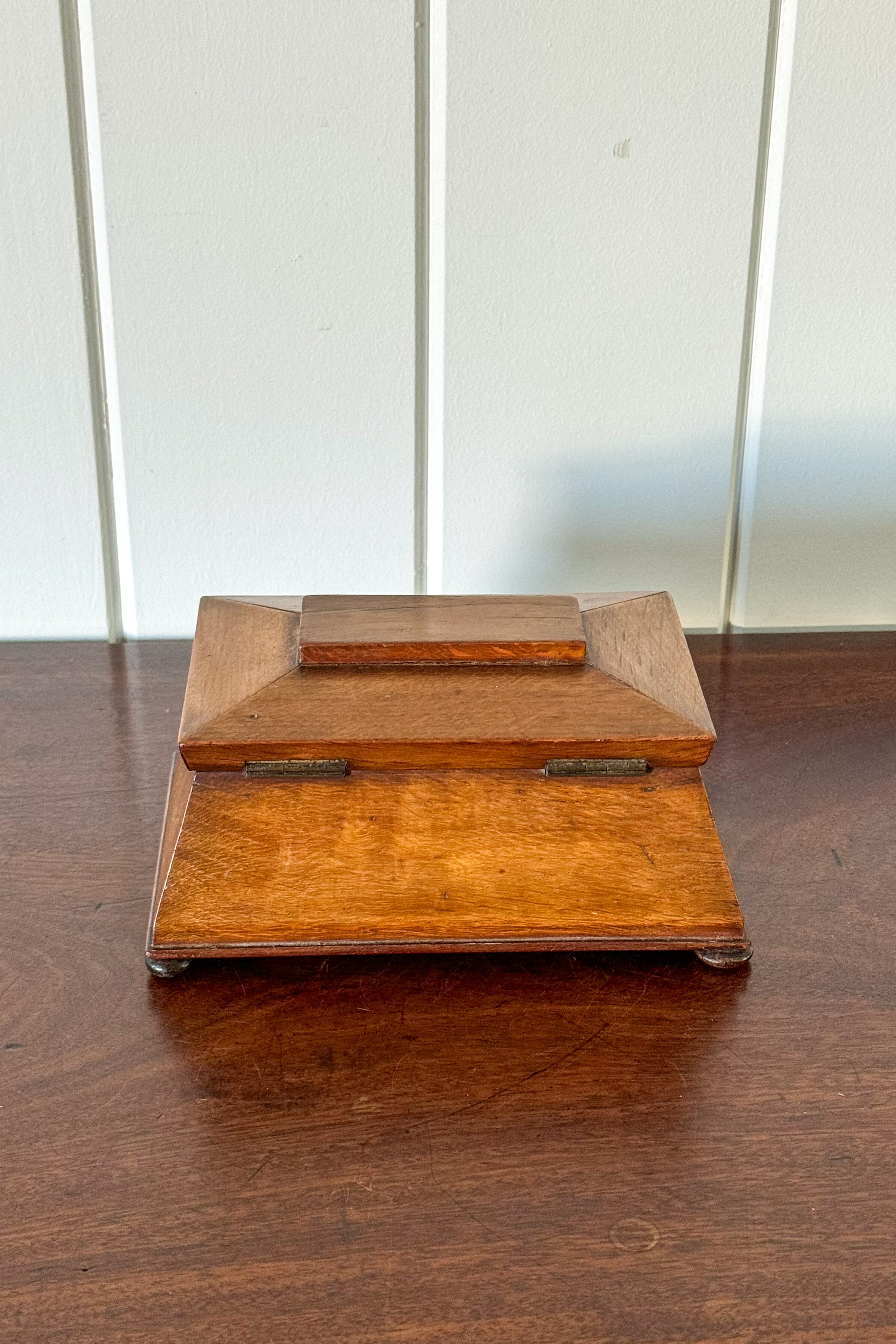 Antique English Oak Tea Caddy with Sarcophagus Top