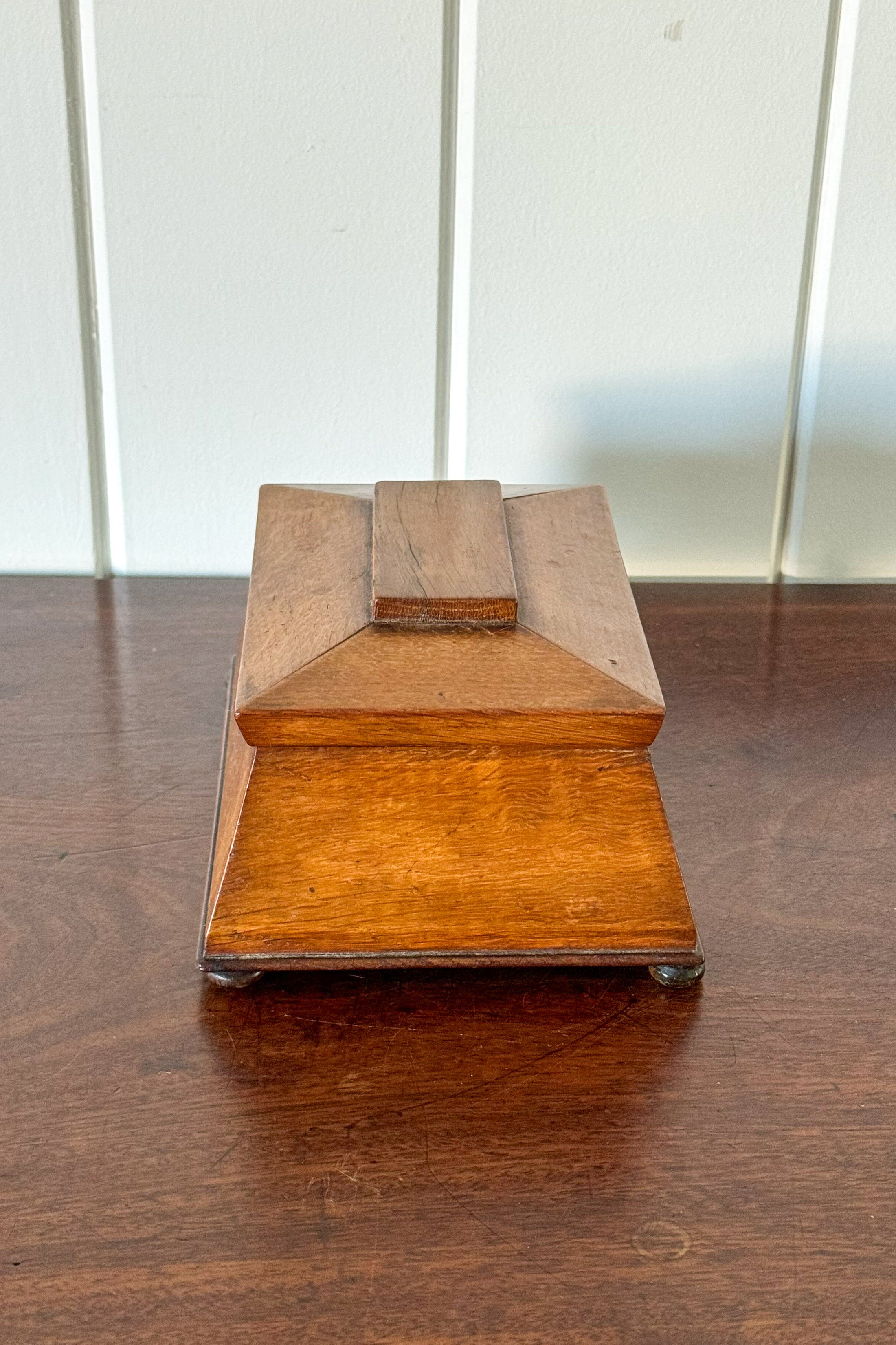 Antique English Oak Tea Caddy with Sarcophagus Top