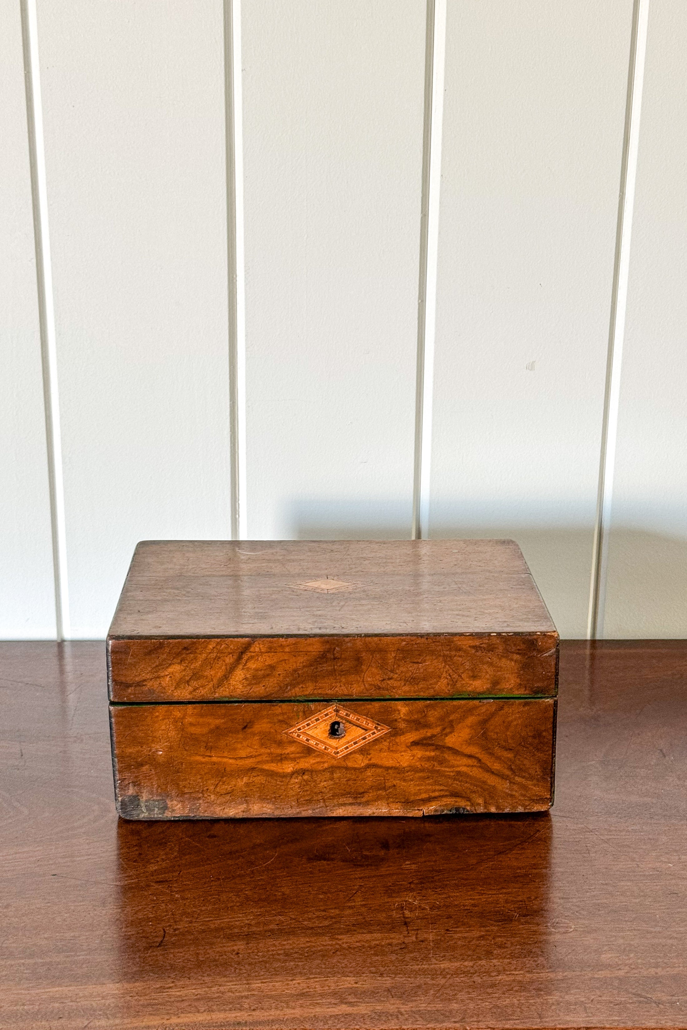 Antique Wooden Box with Inlay Detail + Painted Green Interior