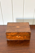 Load image into Gallery viewer, Antique Wooden Box with Inlay Detail + Painted Green Interior
