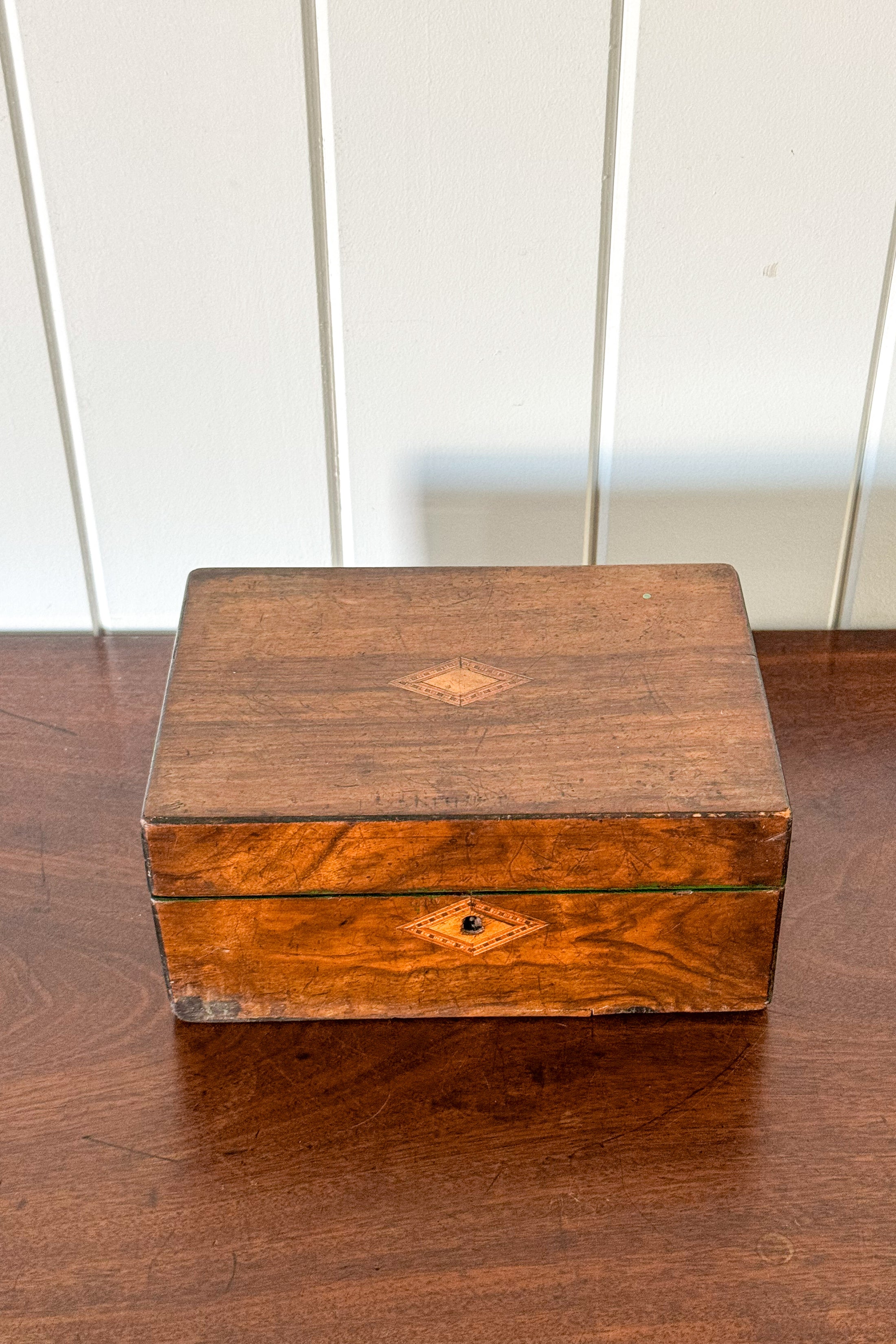 Antique Wooden Box with Inlay Detail + Painted Green Interior