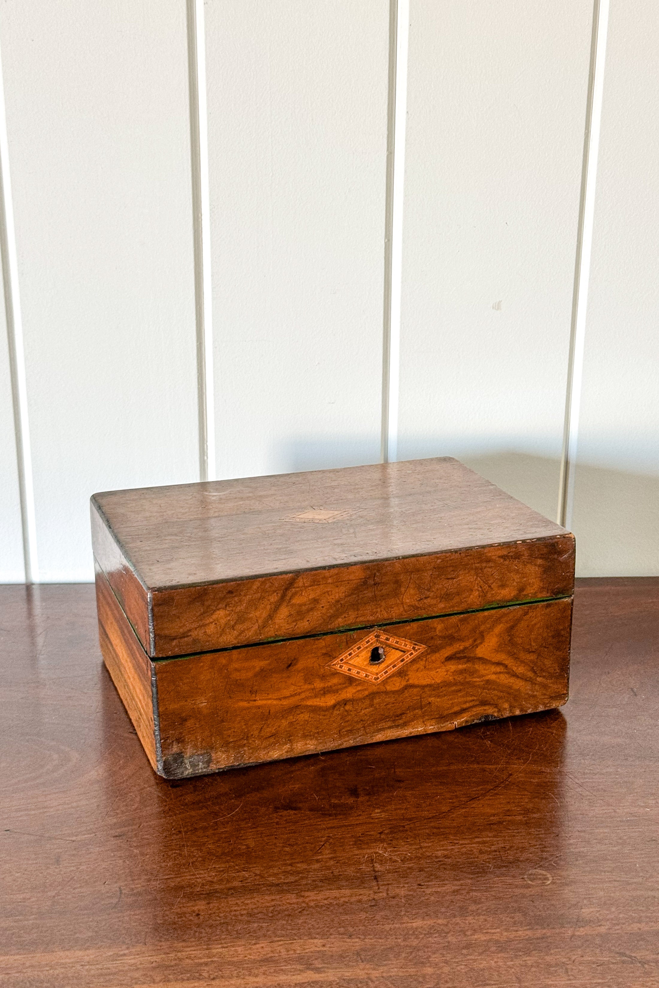 Antique Wooden Box with Inlay Detail + Painted Green Interior