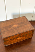 Load image into Gallery viewer, Antique Wooden Box with Inlay Detail + Painted Green Interior
