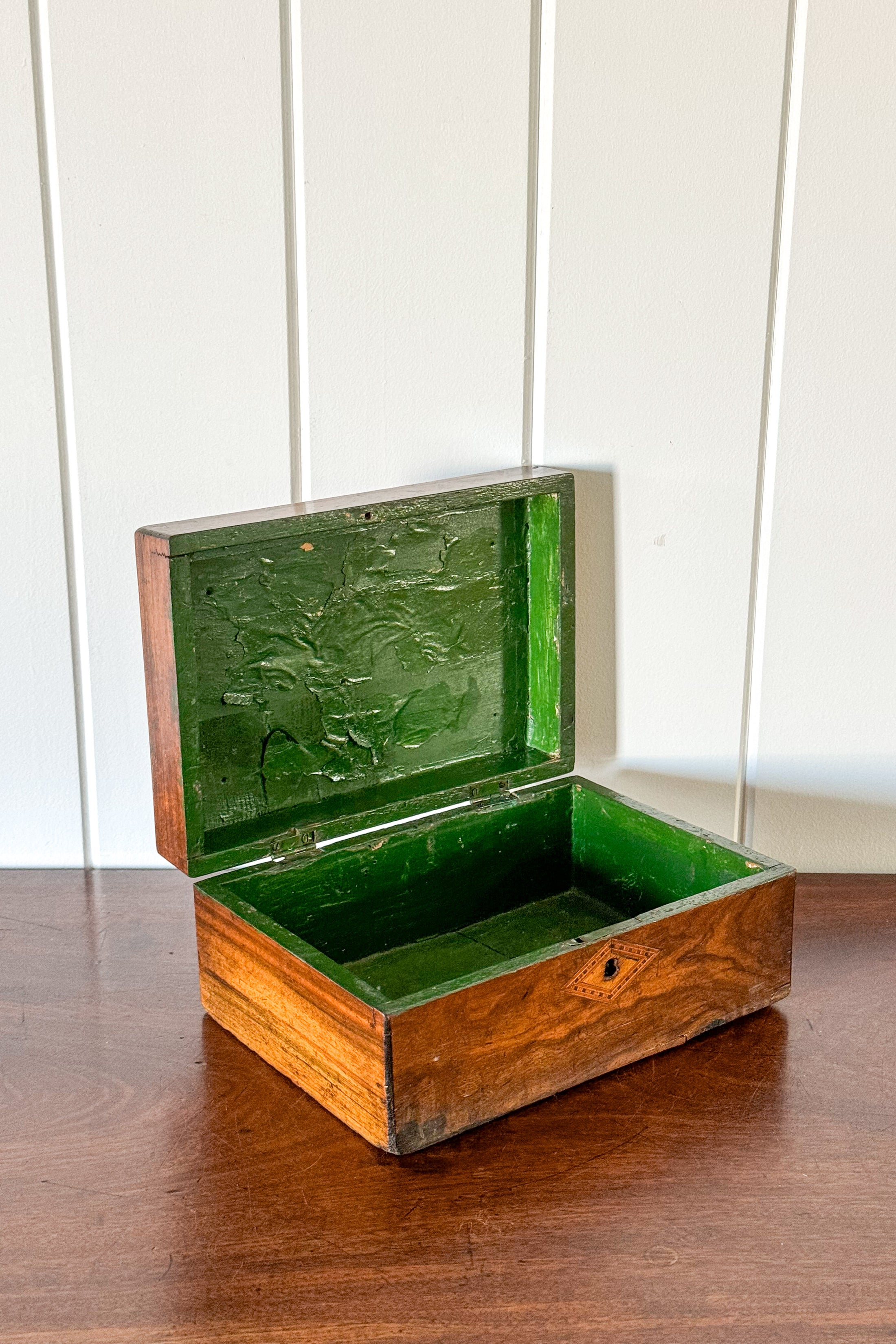 Antique Wooden Box with Inlay Detail + Painted Green Interior
