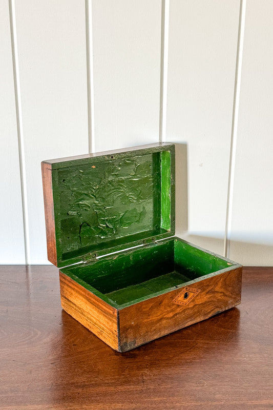 Antique Wooden Box with Inlay Detail + Painted Green Interior