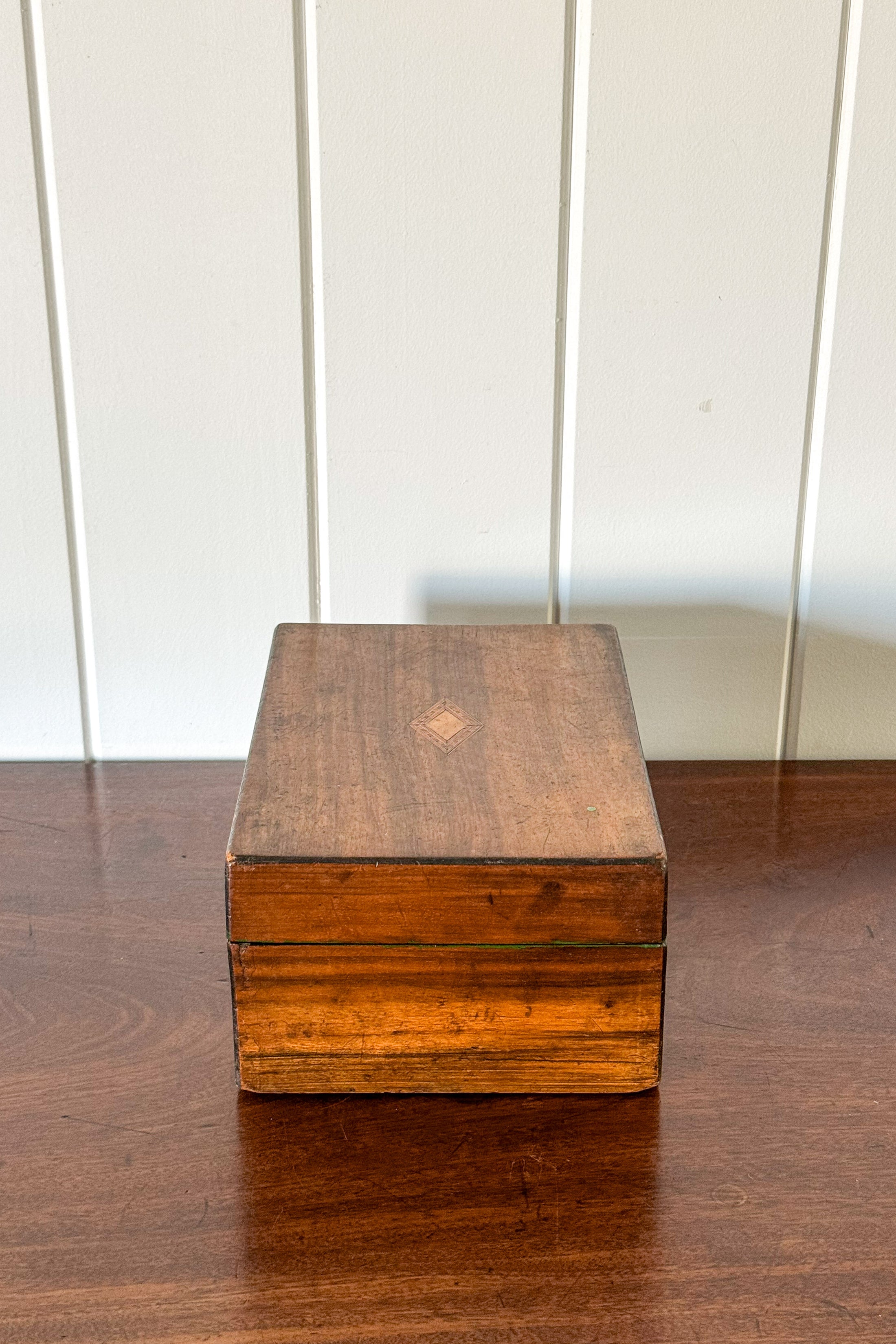 Antique Wooden Box with Inlay Detail + Painted Green Interior