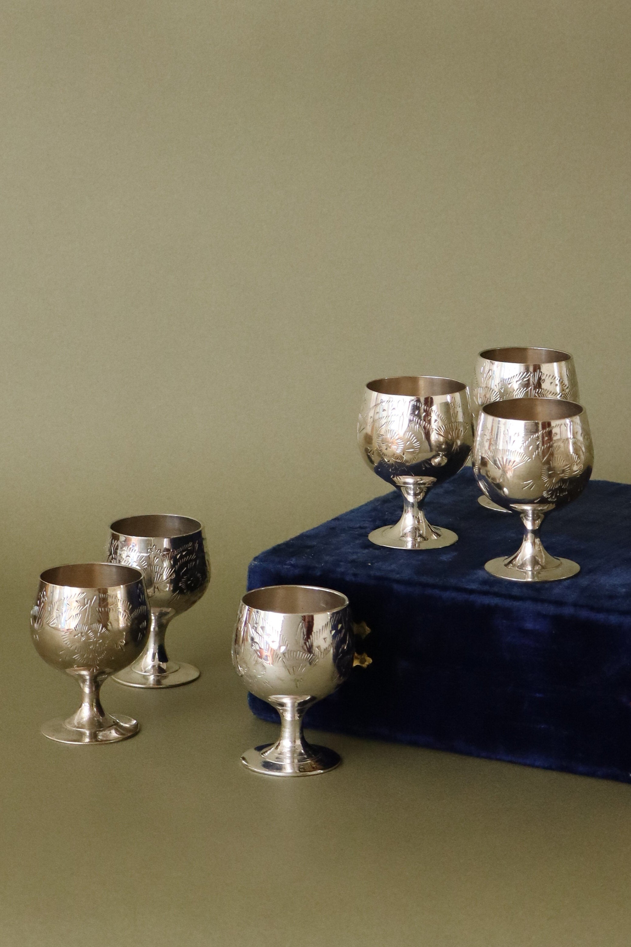 Boxed SET of 6 Antique English Silver Plate Egg Cups