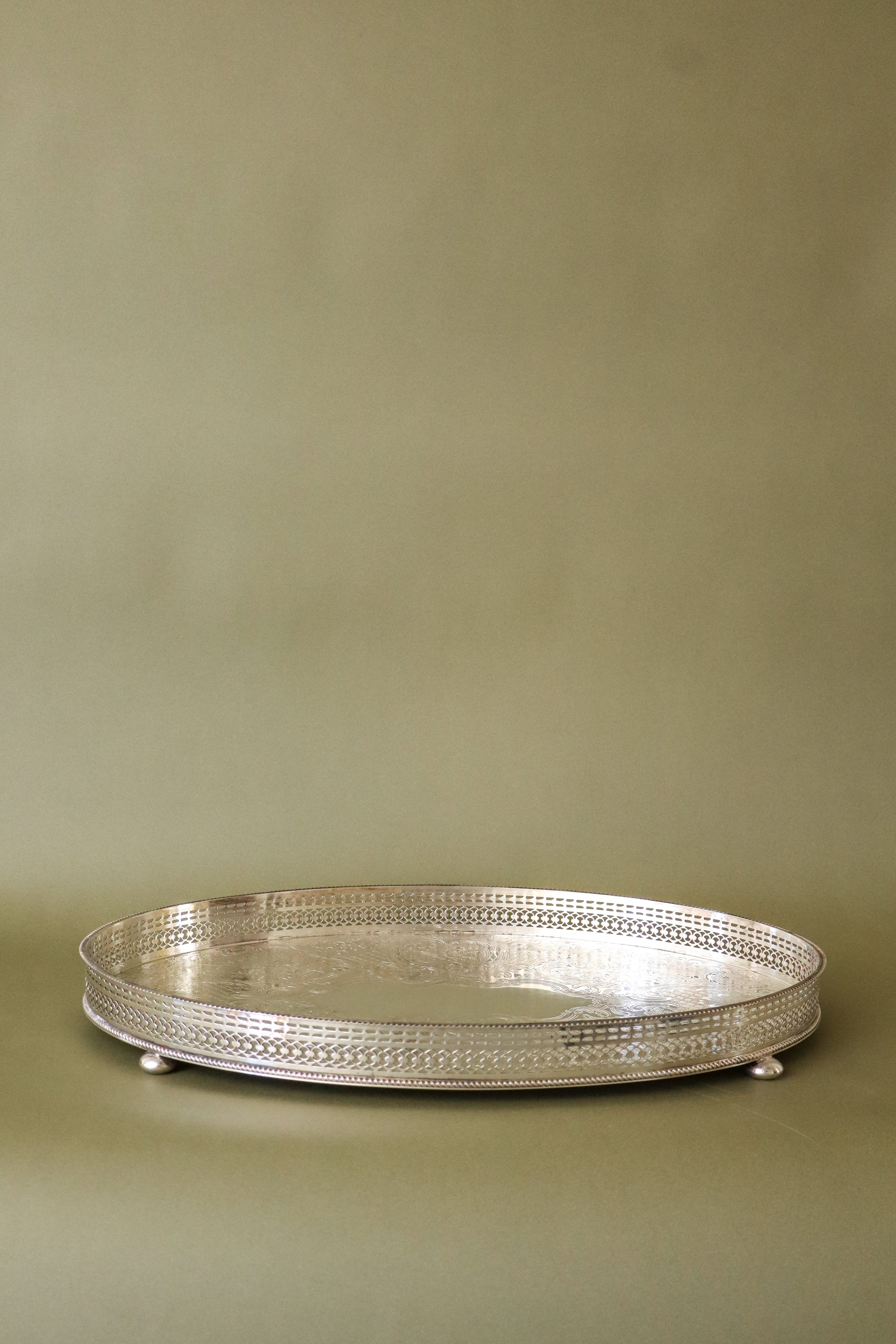 Barker Ellis Silver Plate Oval Etched Tray on Bun Feet (England, c. 1910)