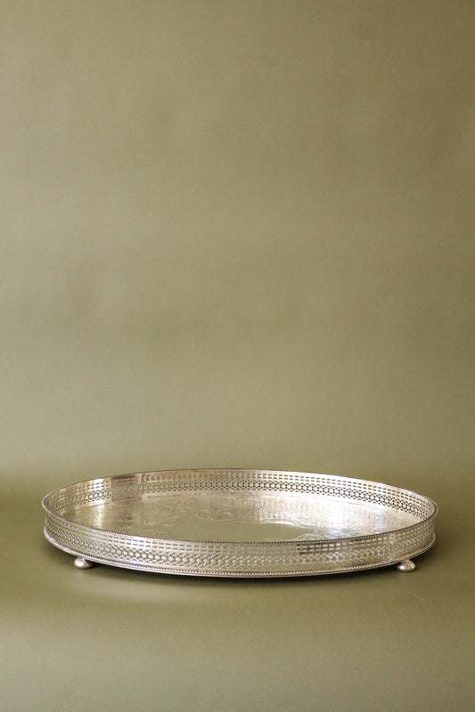 Barker Ellis Silver Plate Oval Etched Tray on Bun Feet (England, c. 1910)