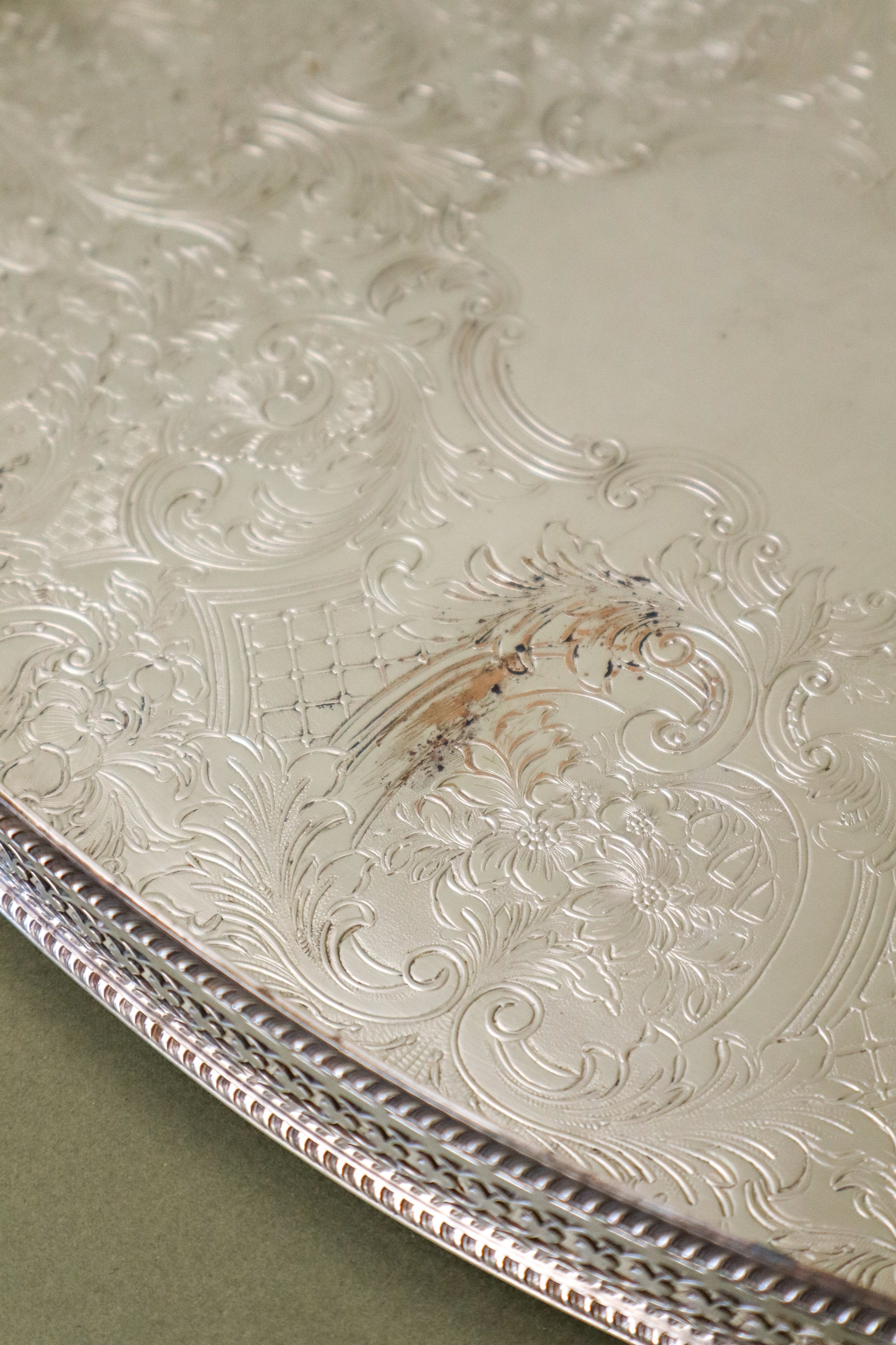 Barker Ellis Silver Plate Oval Etched Tray on Bun Feet (England, c. 1910)