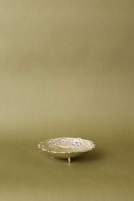 Round Silver Plate Footed Dish with Floral Details