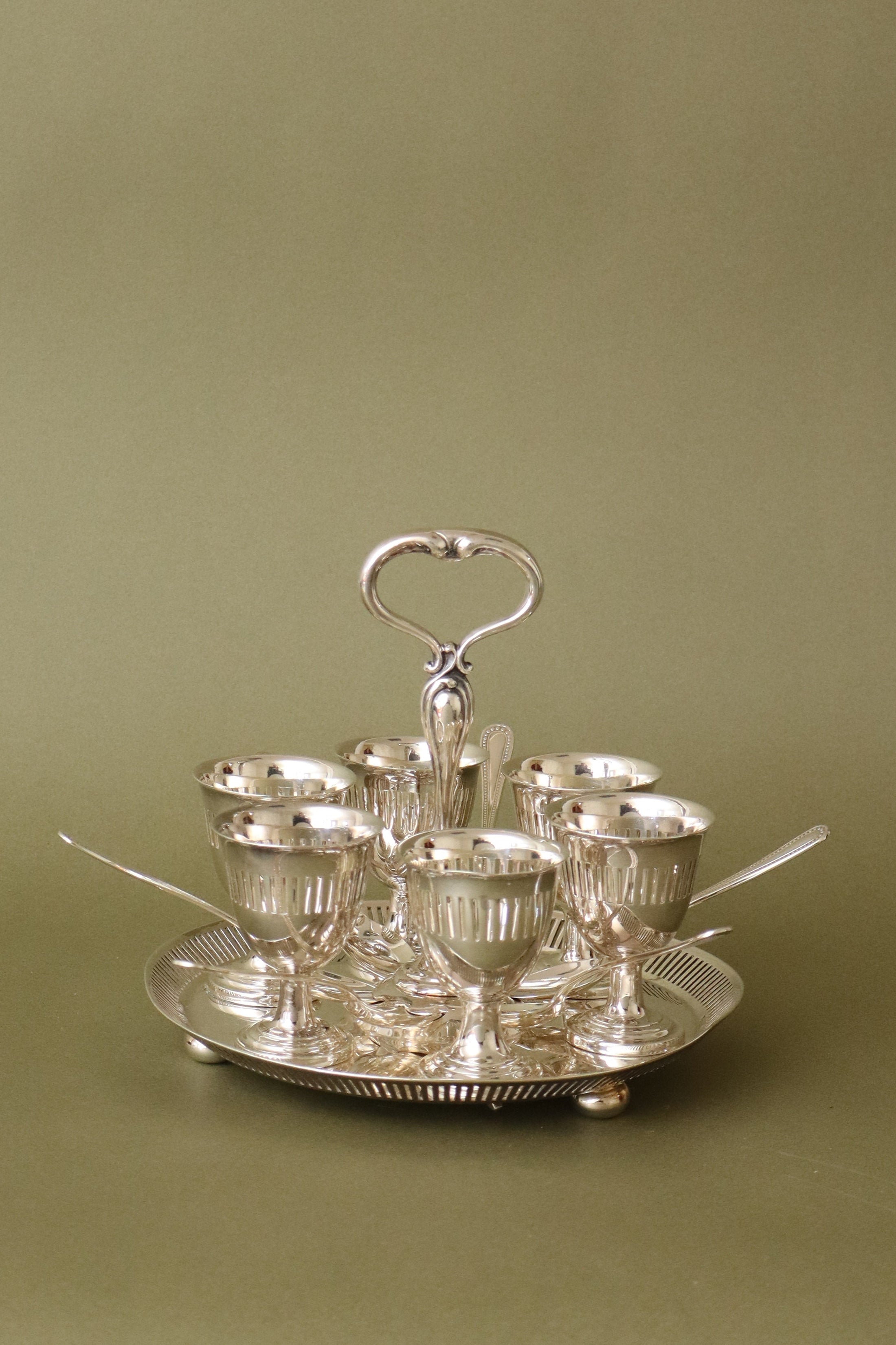 Victorian English Silver Plate Pierced SET of 6 Egg Cups + Spoons