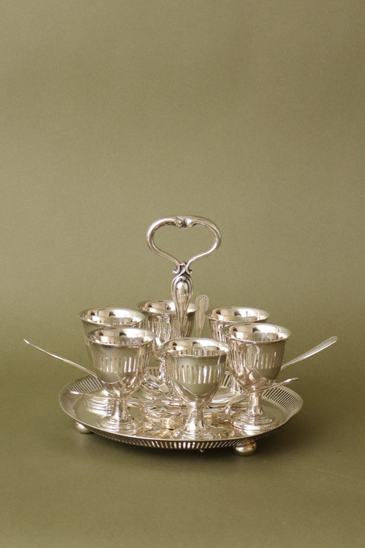 Victorian English Silver Plate Pierced SET of 6 Egg Cups + Spoons