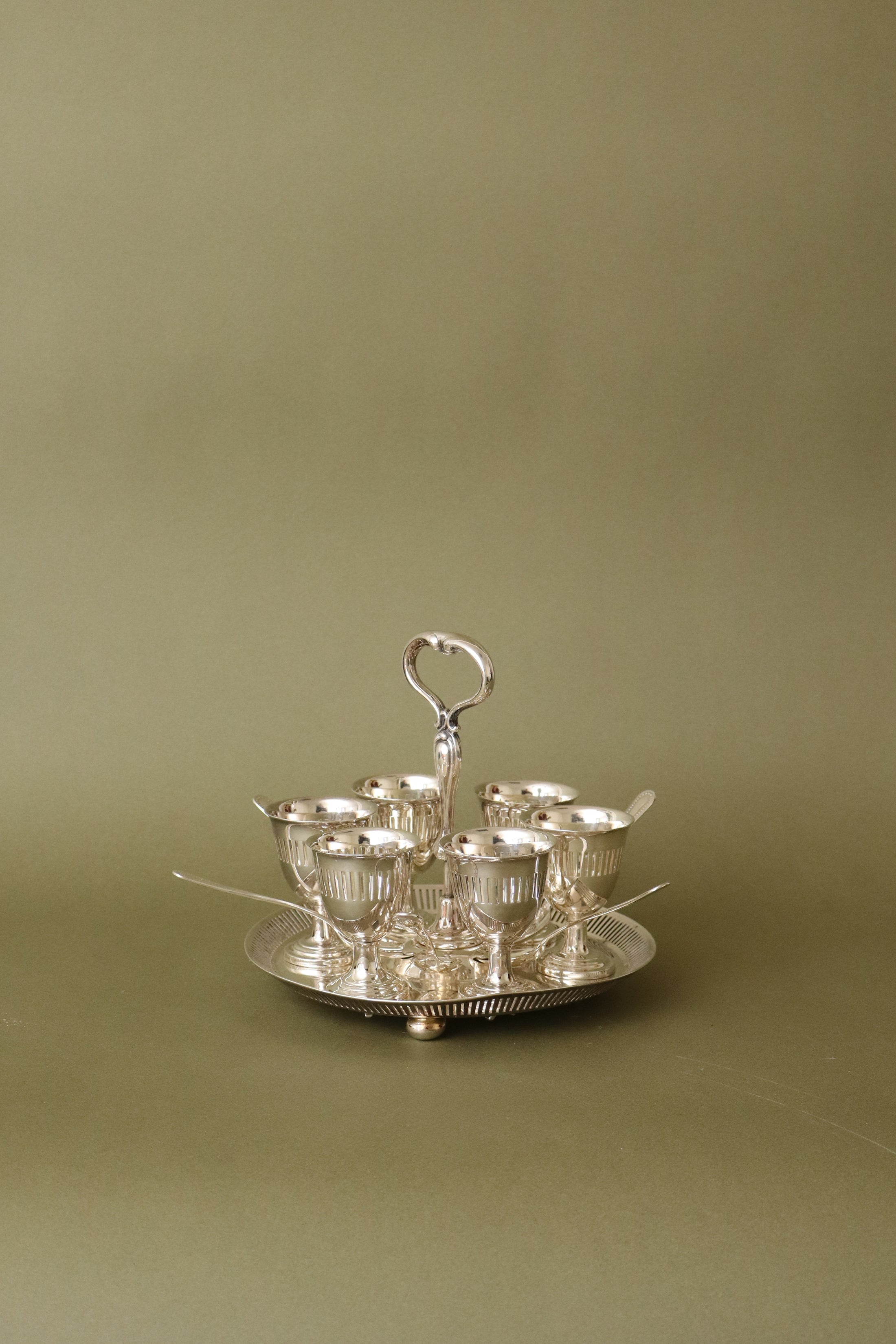 Victorian English Silver Plate Pierced SET of 6 Egg Cups + Spoons