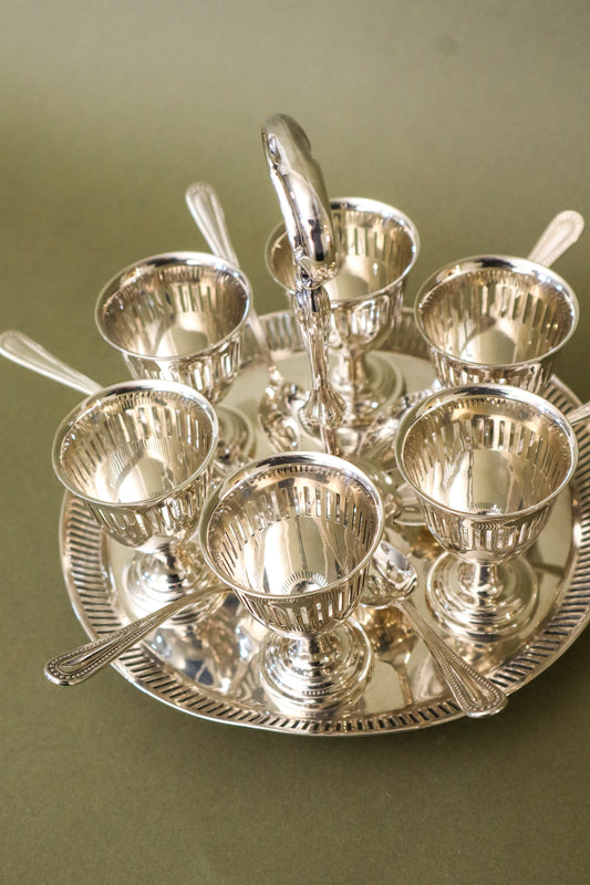Victorian English Silver Plate Pierced SET of 6 Egg Cups + Spoons