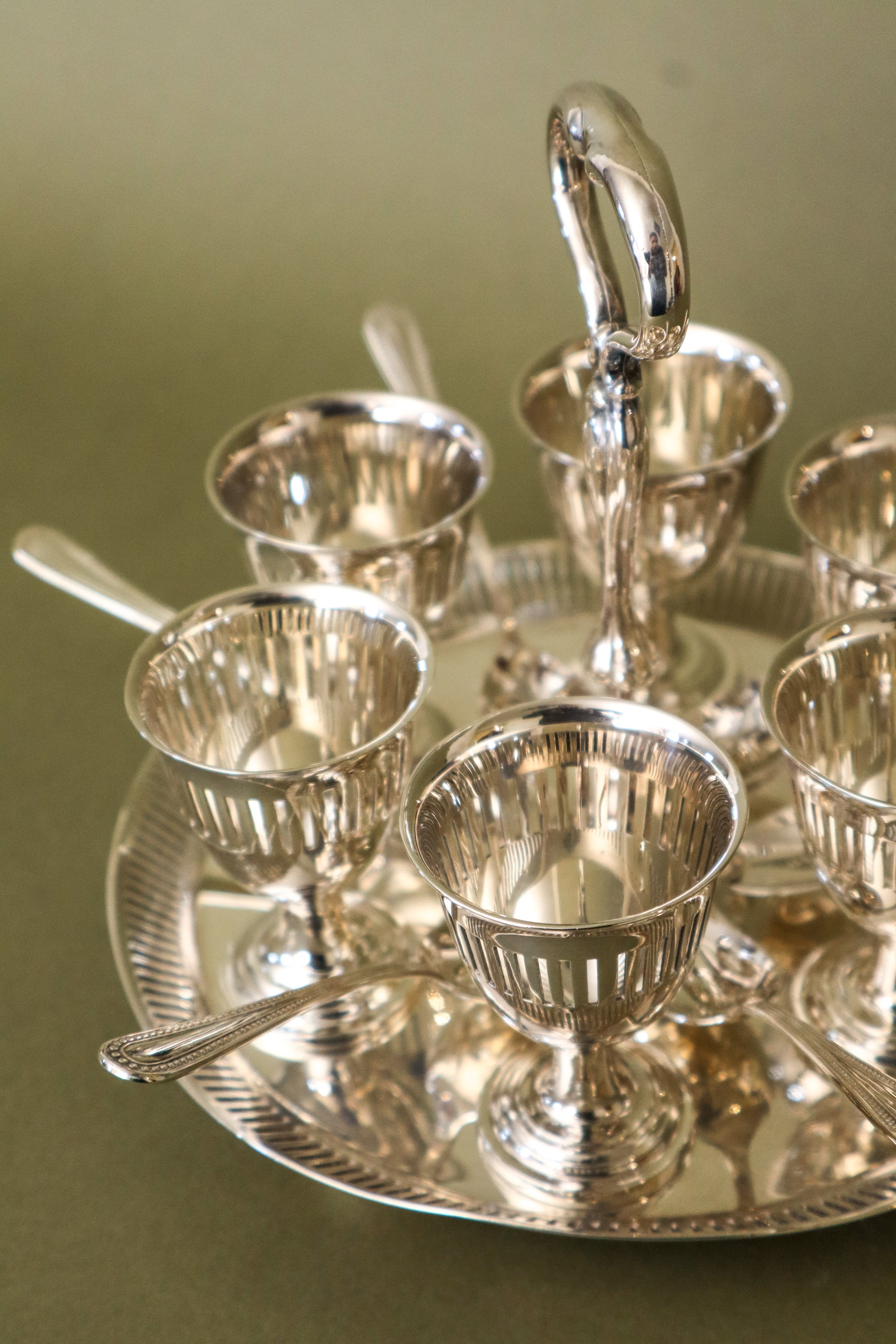 Victorian English Silver Plate Pierced SET of 6 Egg Cups + Spoons