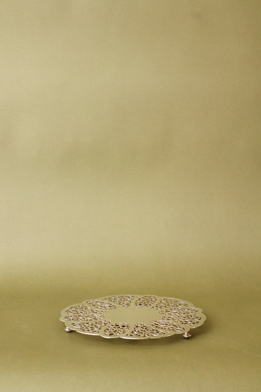 Round Silver Plate Trivet with Pierced Detailing by Rogers