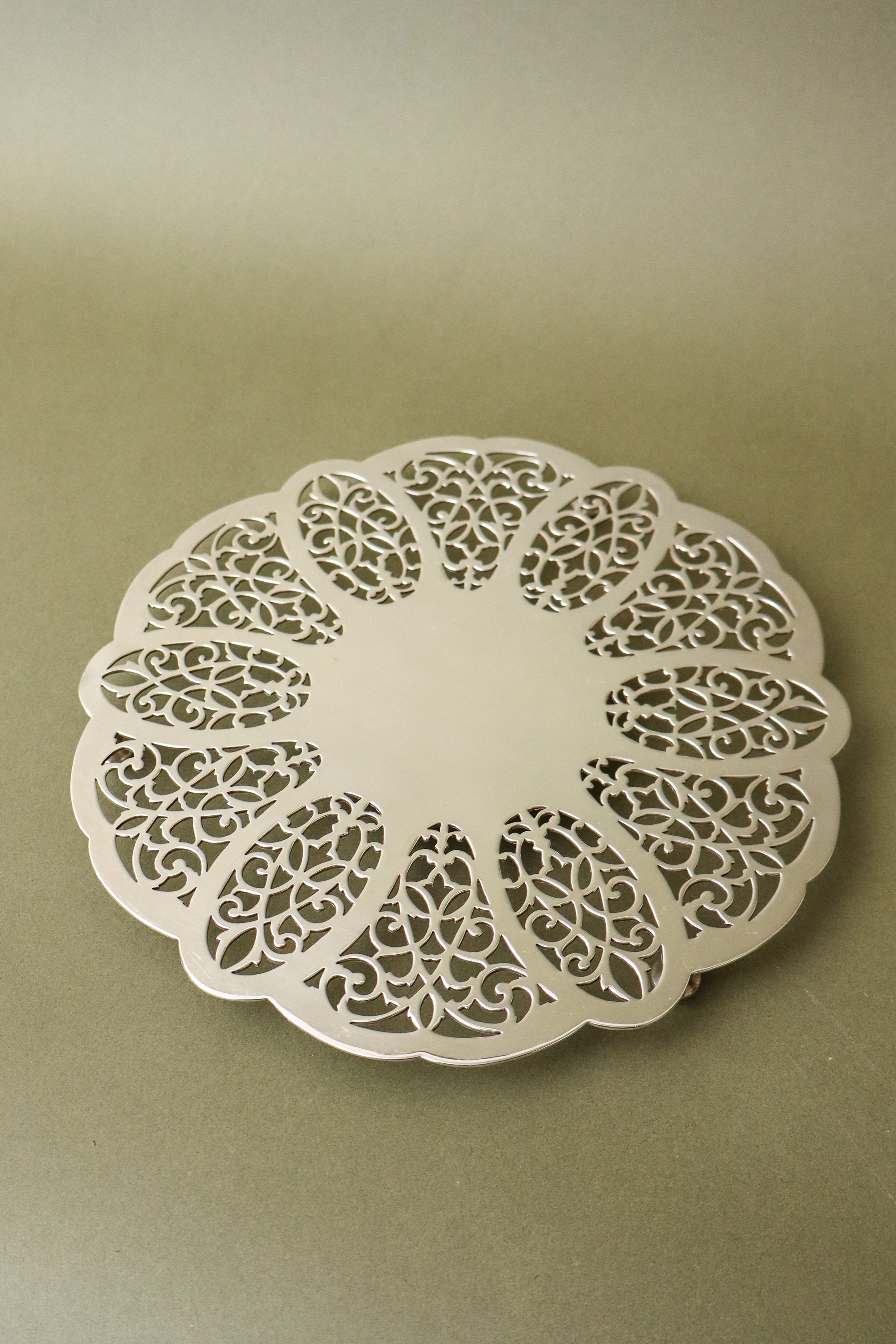 Round Silver Plate Trivet with Pierced Detailing by Rogers