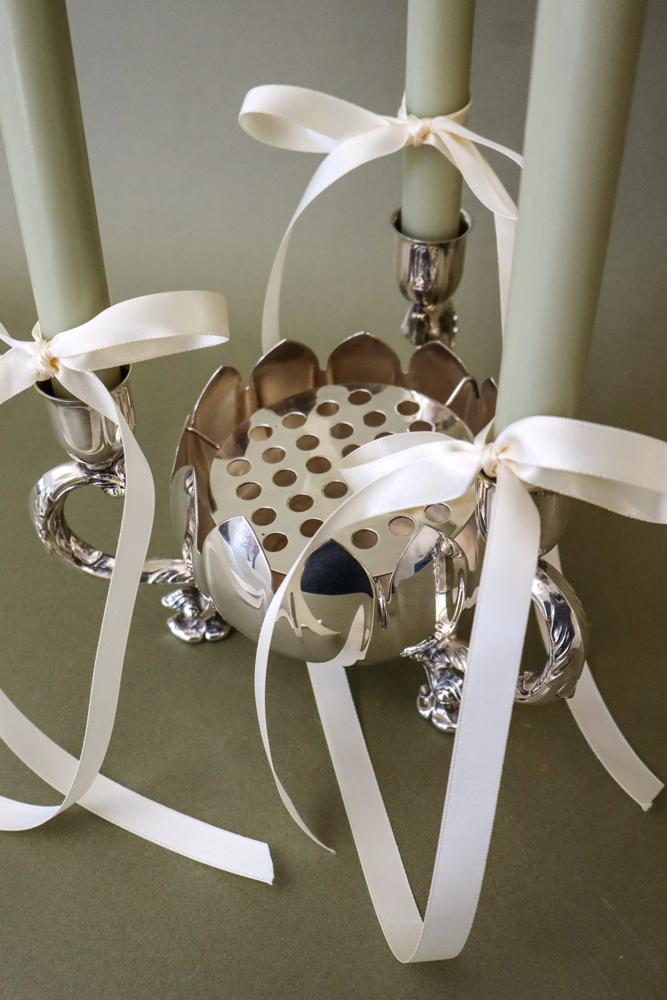 Silver Plate Floral Frogger with Candleholders