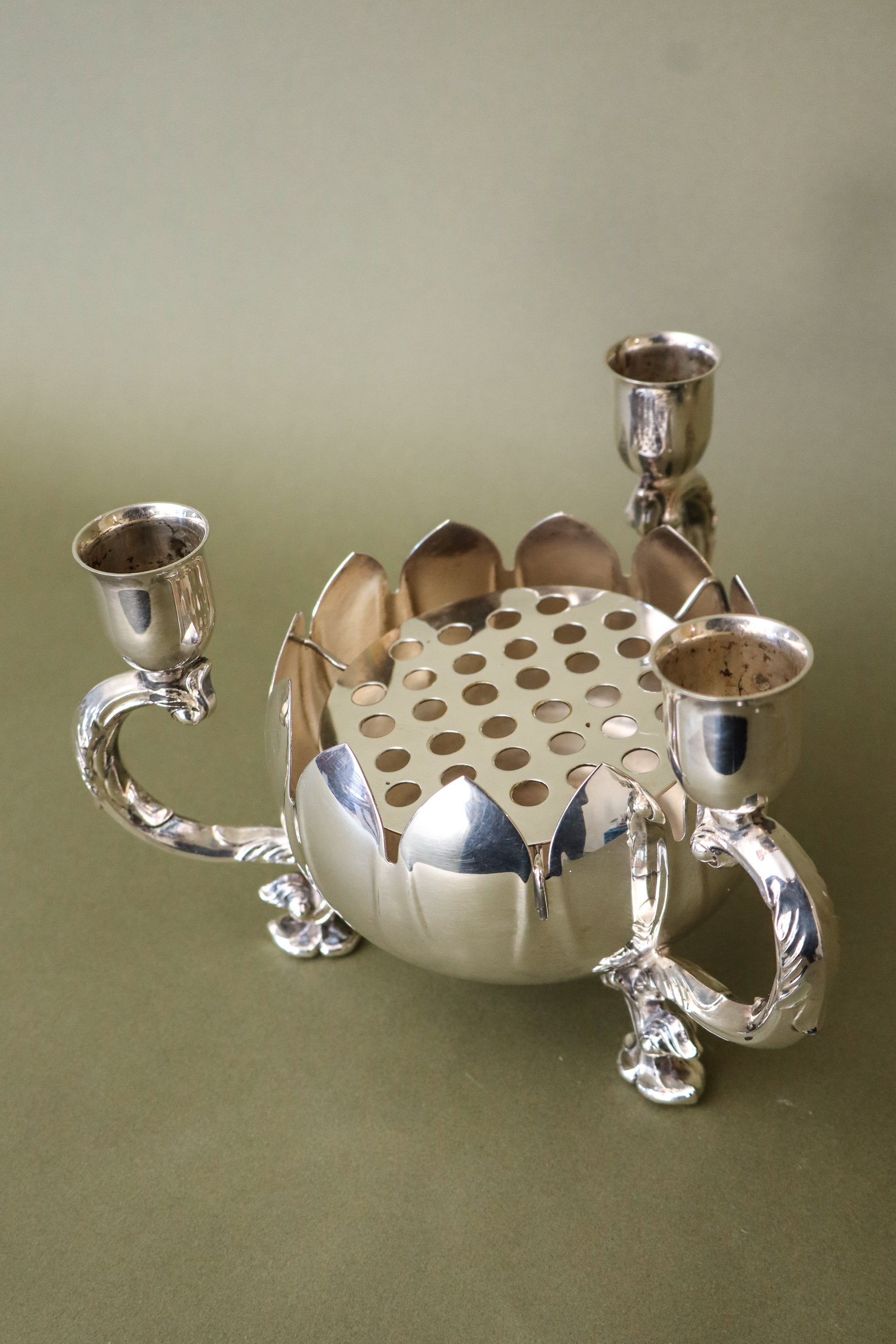 Silver Plate Floral Frogger with Candleholders