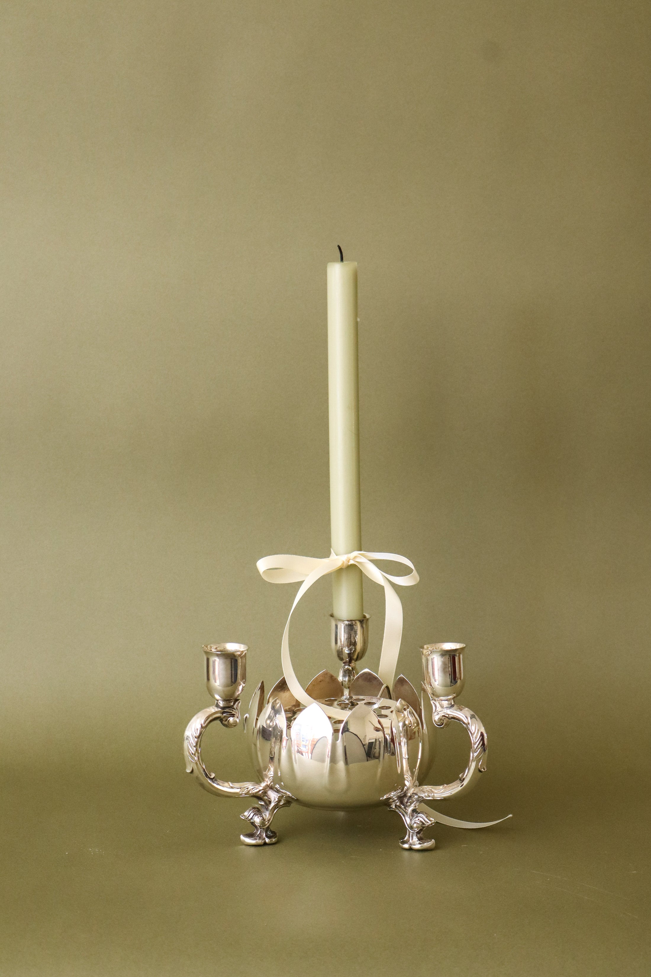 Silver Plate Floral Frogger with Candleholders