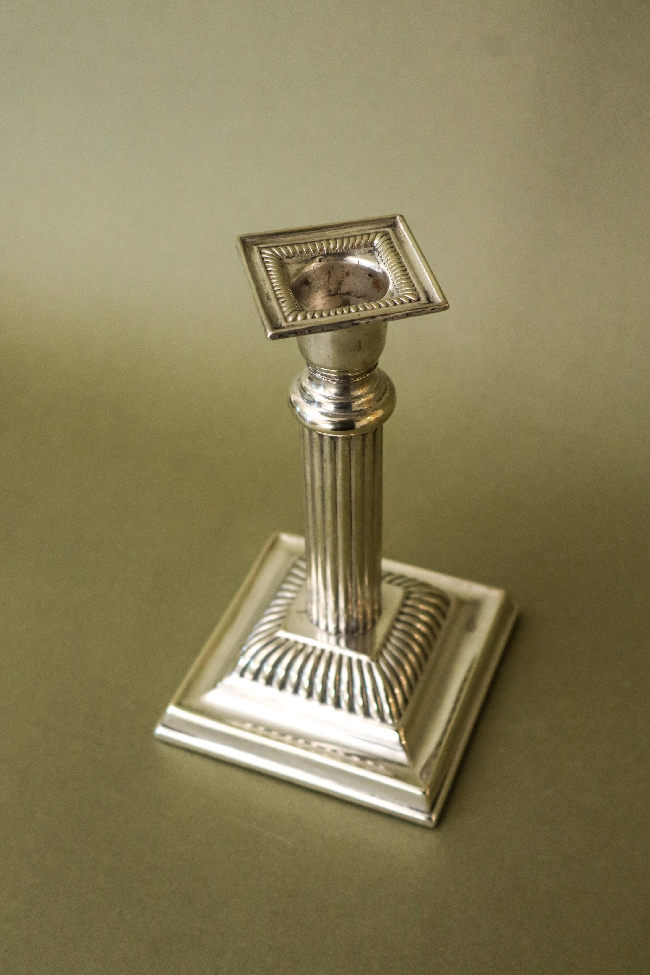 Antique English Silver Plate Candlestick with Square Base