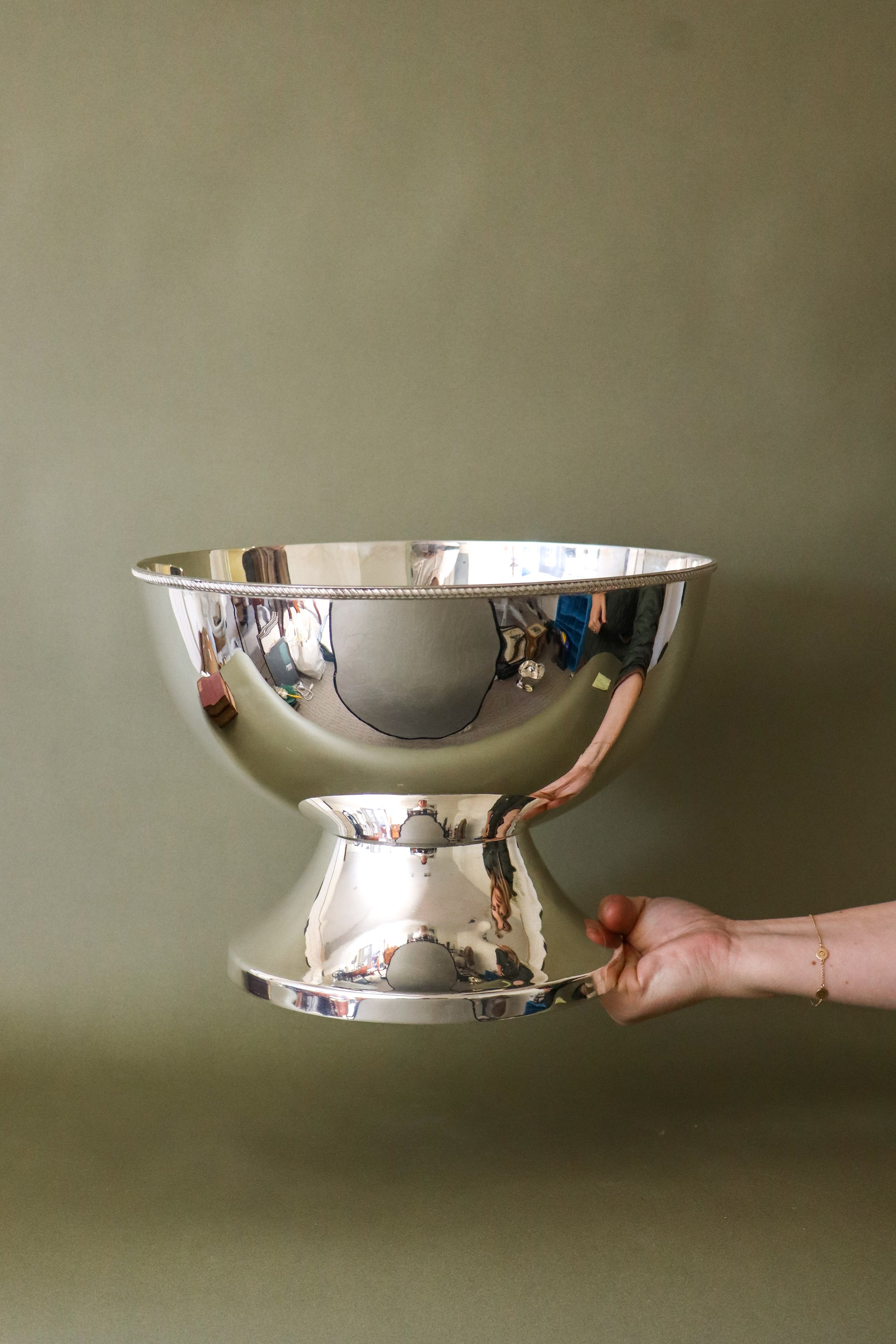 Large English Silver Plate Punch Bowl with Trim Detail