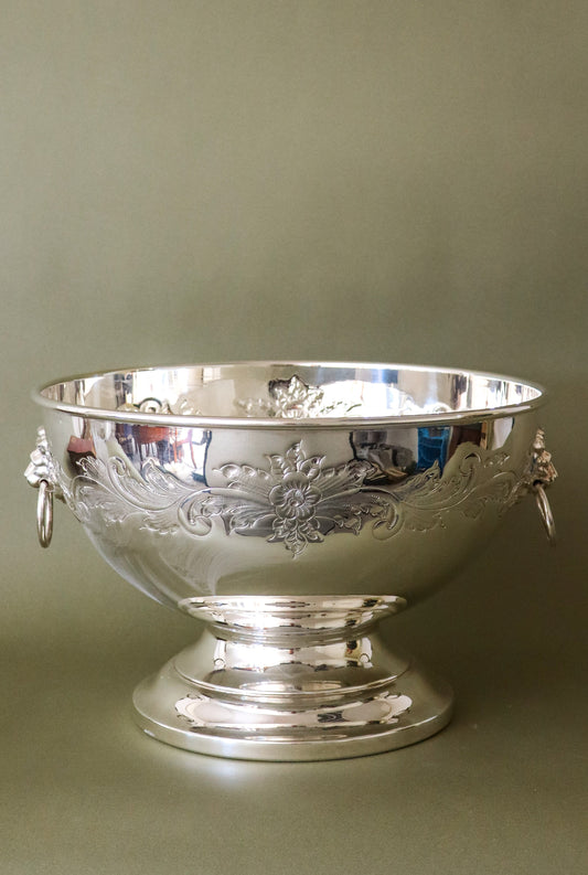 Large Beverage/Ice Bowl with Lion Head Pulls | English Silver Plate on Copper (c. 1930)