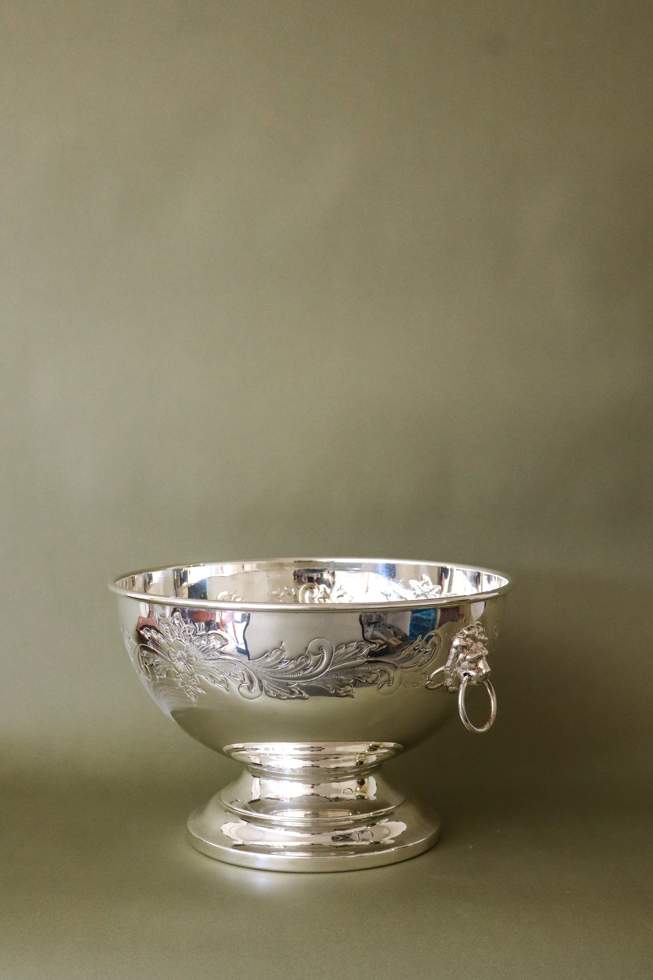 Large Beverage/Ice Bowl with Lion Head Pulls | English Silver Plate on Copper (c. 1930)