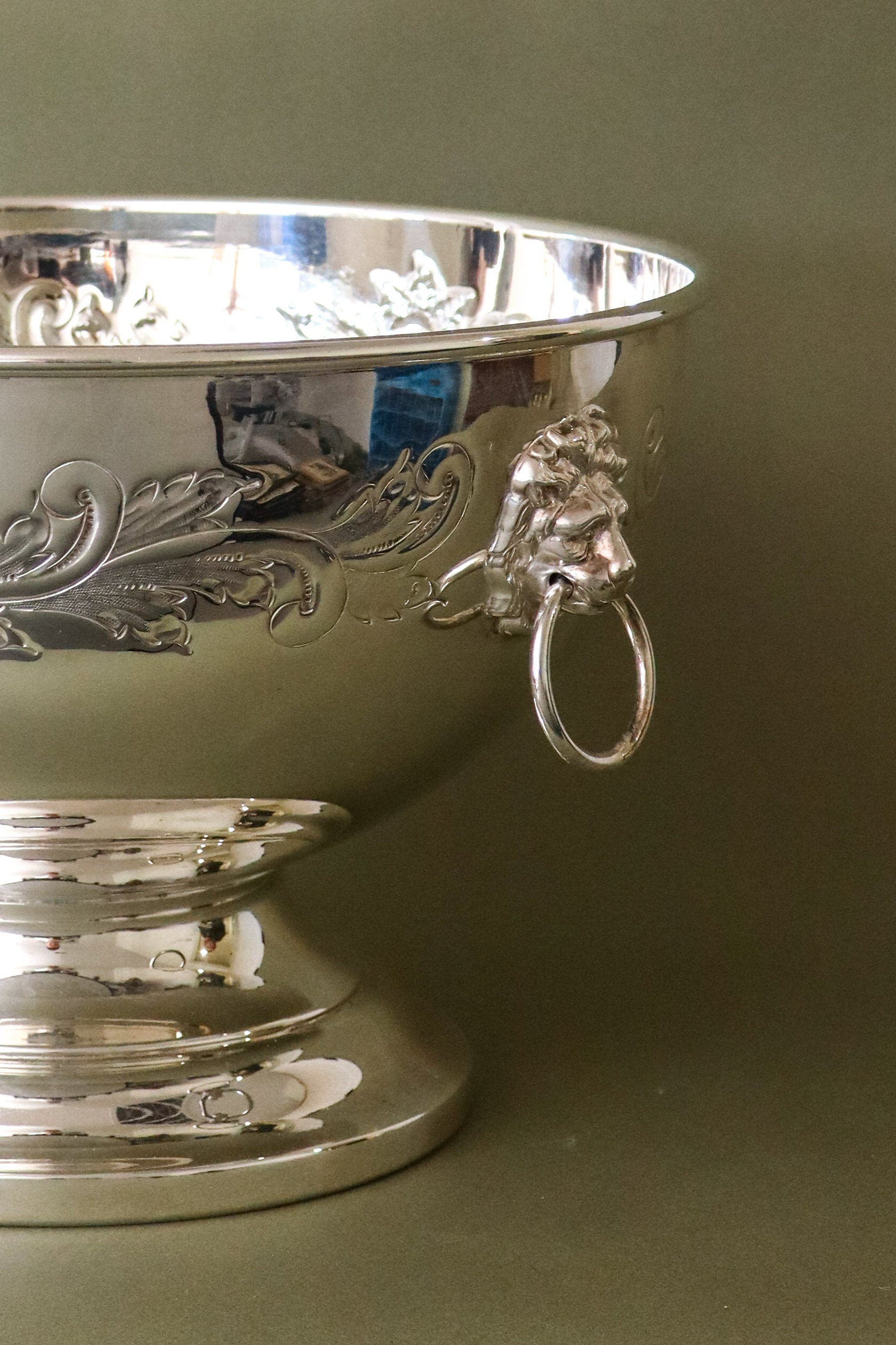 Large Beverage/Ice Bowl with Lion Head Pulls | English Silver Plate on Copper (c. 1930)