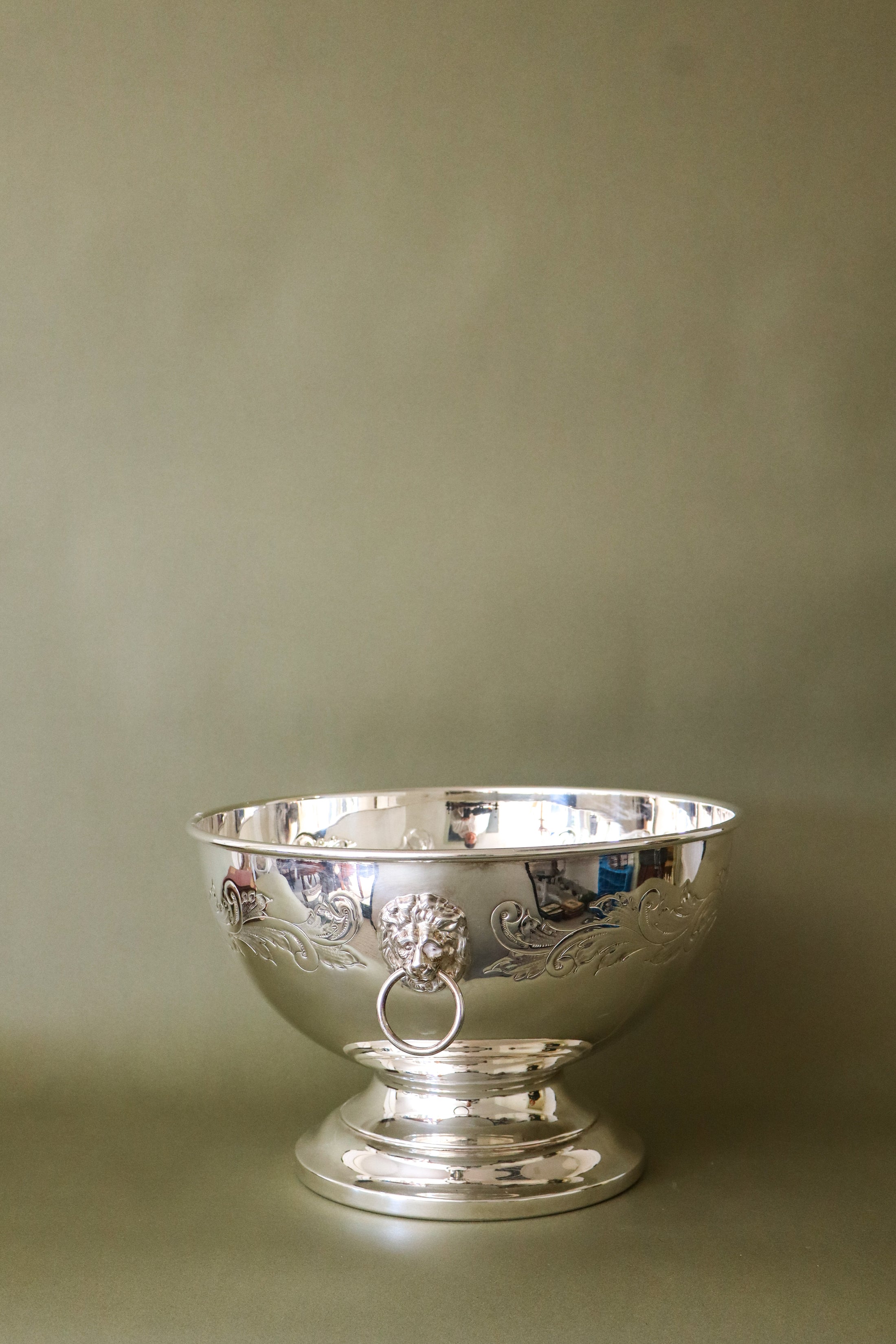 Large Beverage/Ice Bowl with Lion Head Pulls | English Silver Plate on Copper (c. 1930)