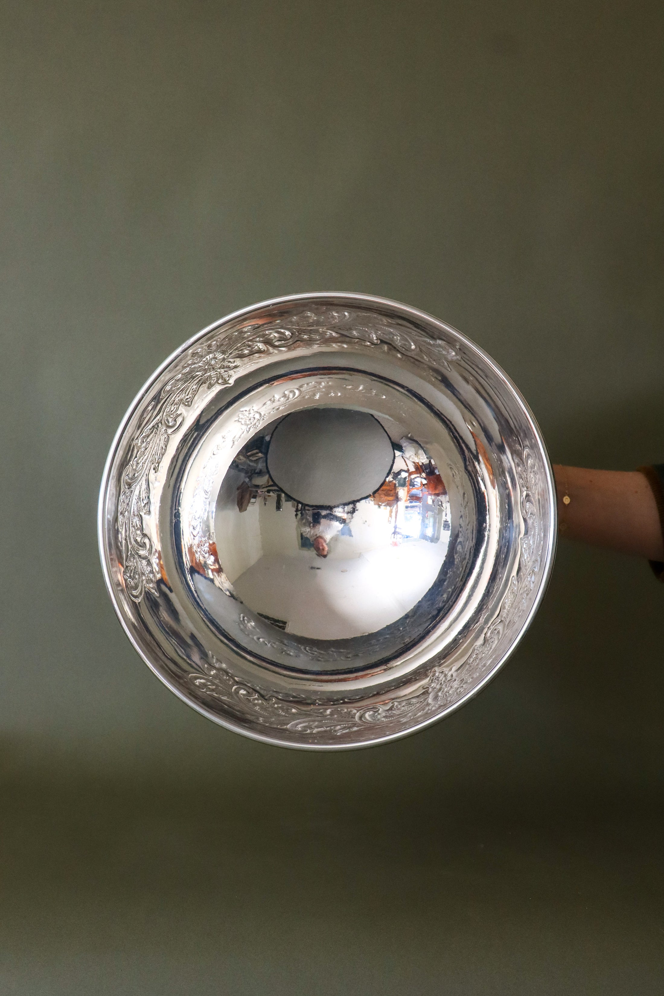Large Beverage/Ice Bowl with Lion Head Pulls | English Silver Plate on Copper (c. 1930)