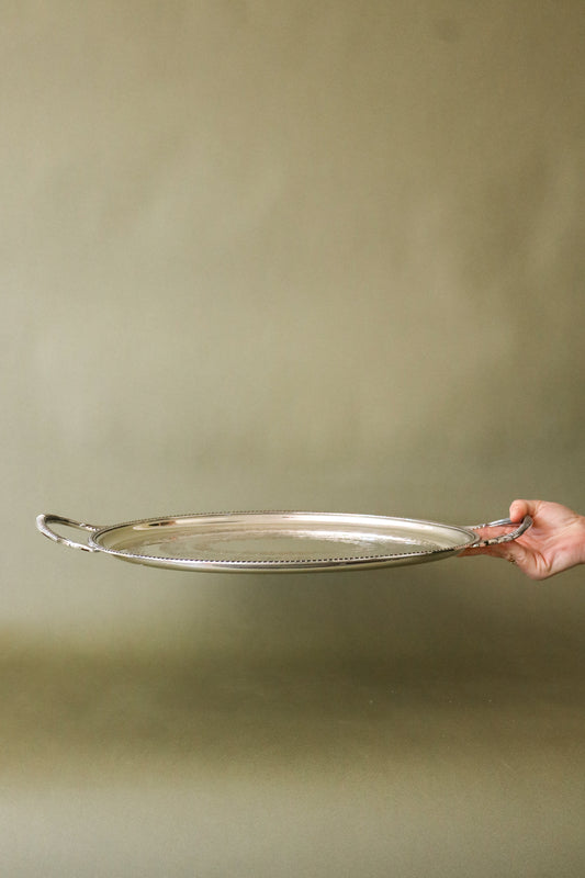 English Silver Plate on Copper Handled Oval Tray with Vine Etching